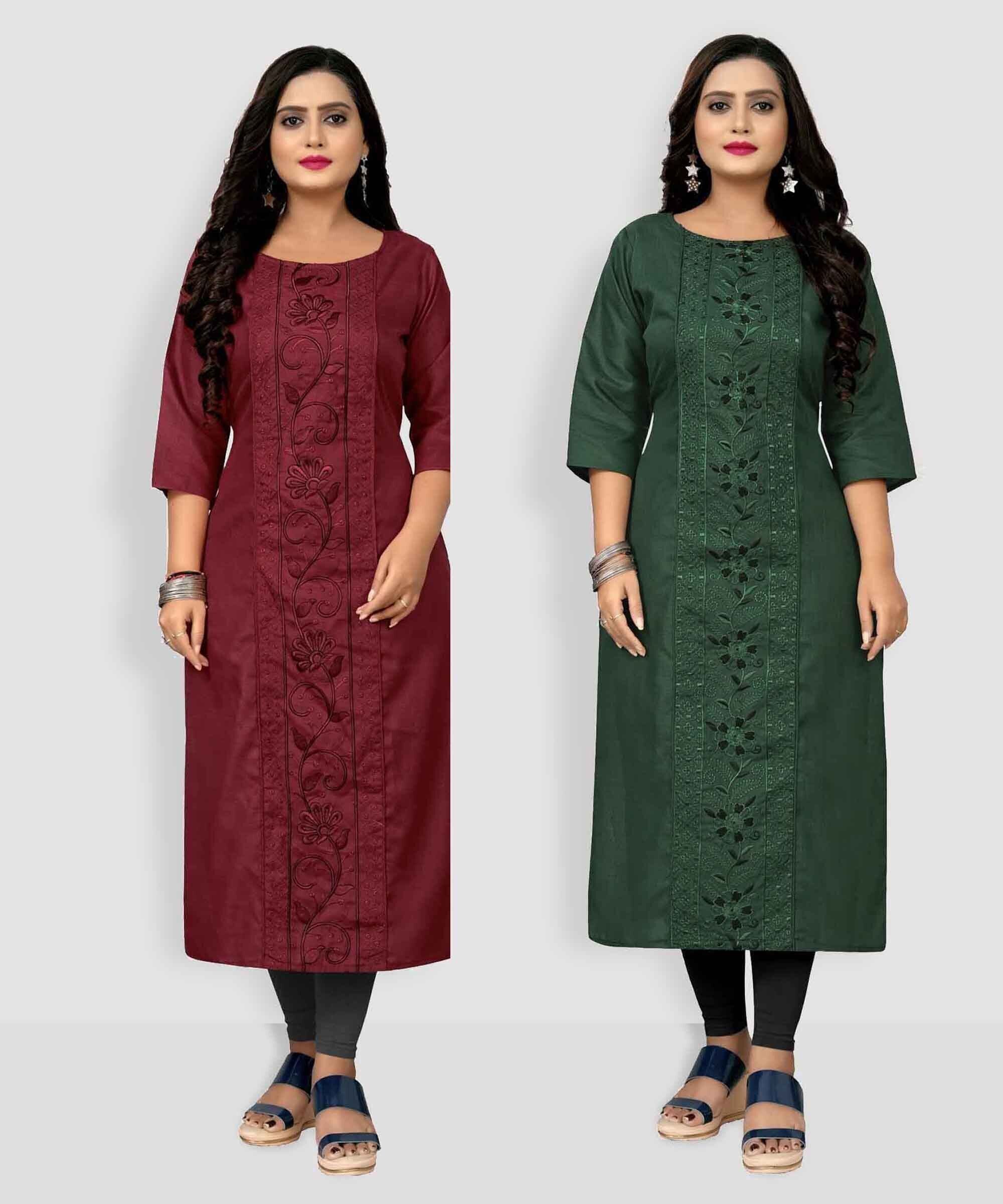 Pack of 2 Women Embroidered Cotton Blend Straight Kurta-image-24