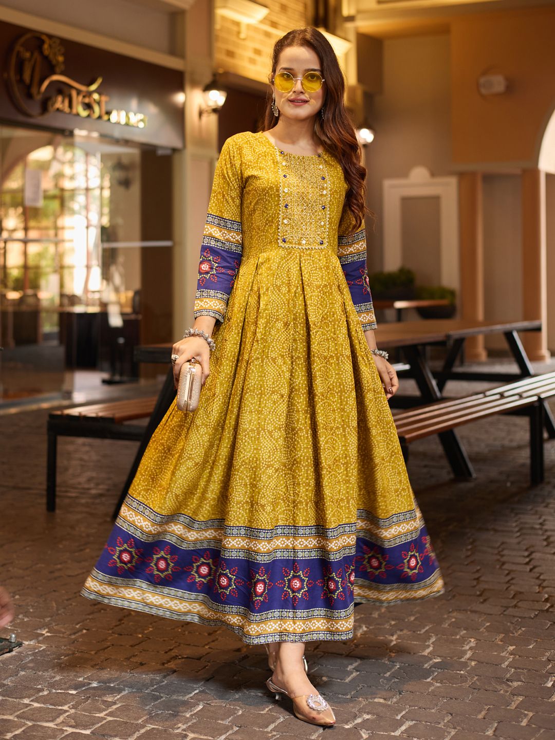 om creation Geometric Print, Printed Rayon Blend Stitched Anarkali Gown-picture-39