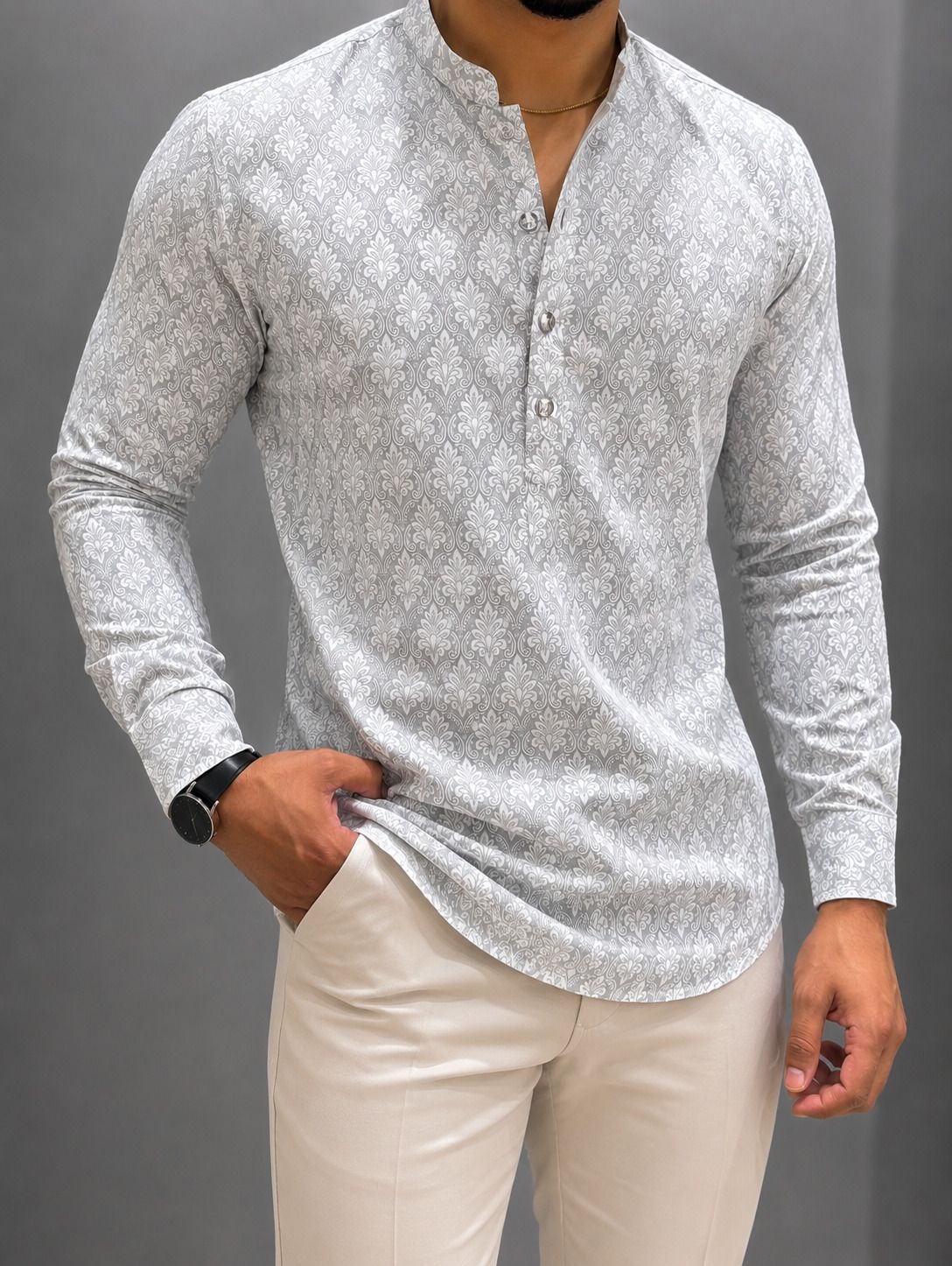 Floral Print Cotton Blend Asymmetric Kurta for Men-image-2