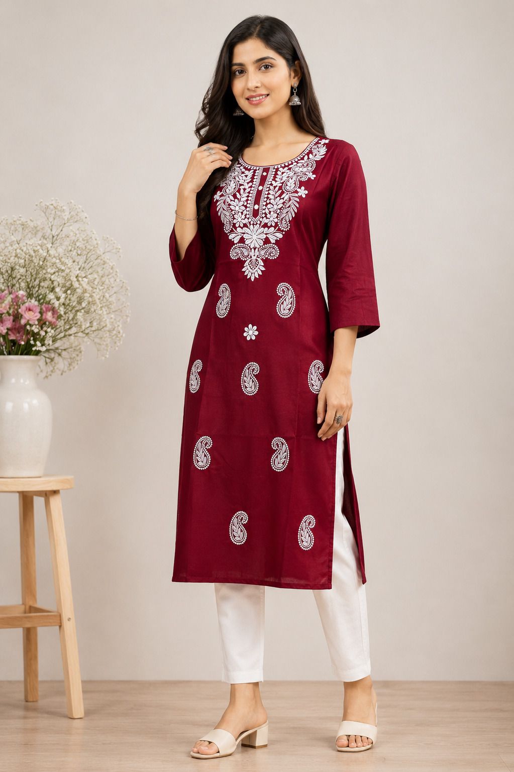 Embroidered Cotton Blend Straight Kurta for Women-image-35