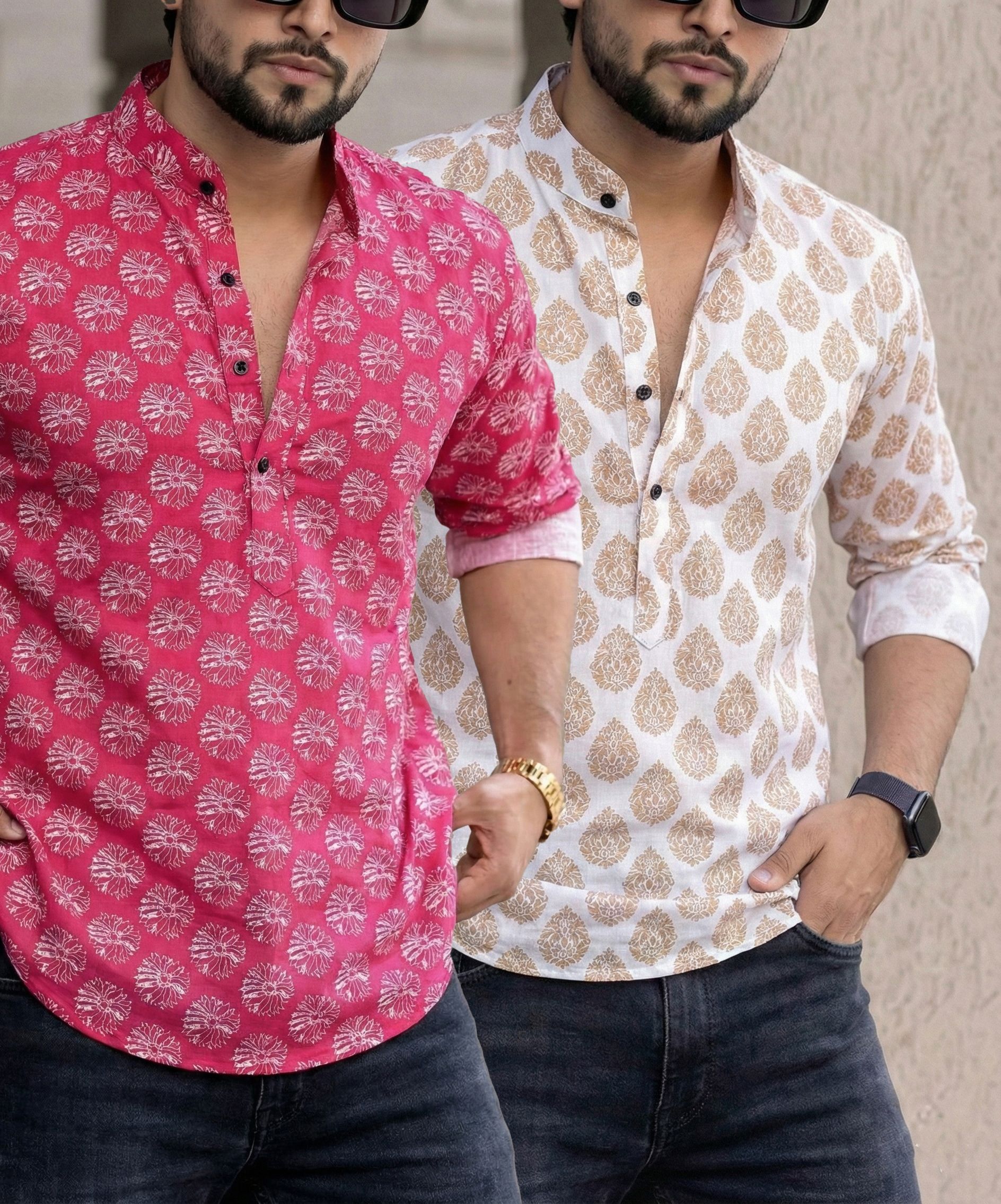 poltern Pack of 2 Men Geometric Print, Printed Pure Cotton Straight Kurta-picture-18