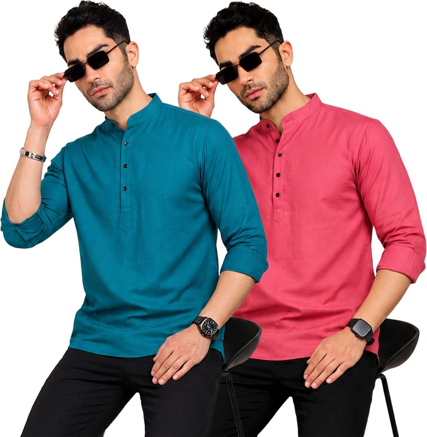 fashion marts Pack of 2 Self Design Cotton Blend Straight Kurta for Men-picture-20