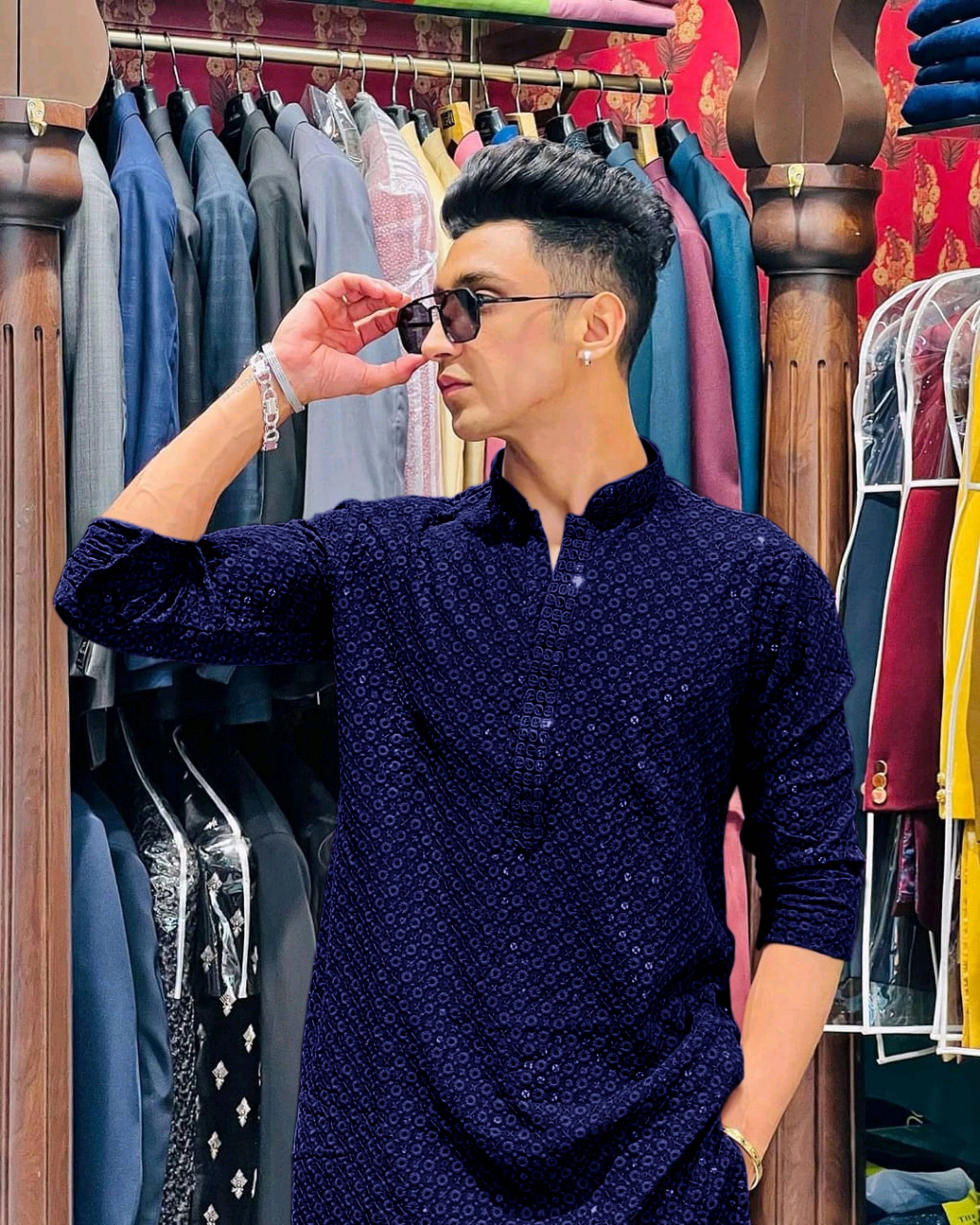 Men Chikan Embroidery Cotton Rayon Straight Kurta