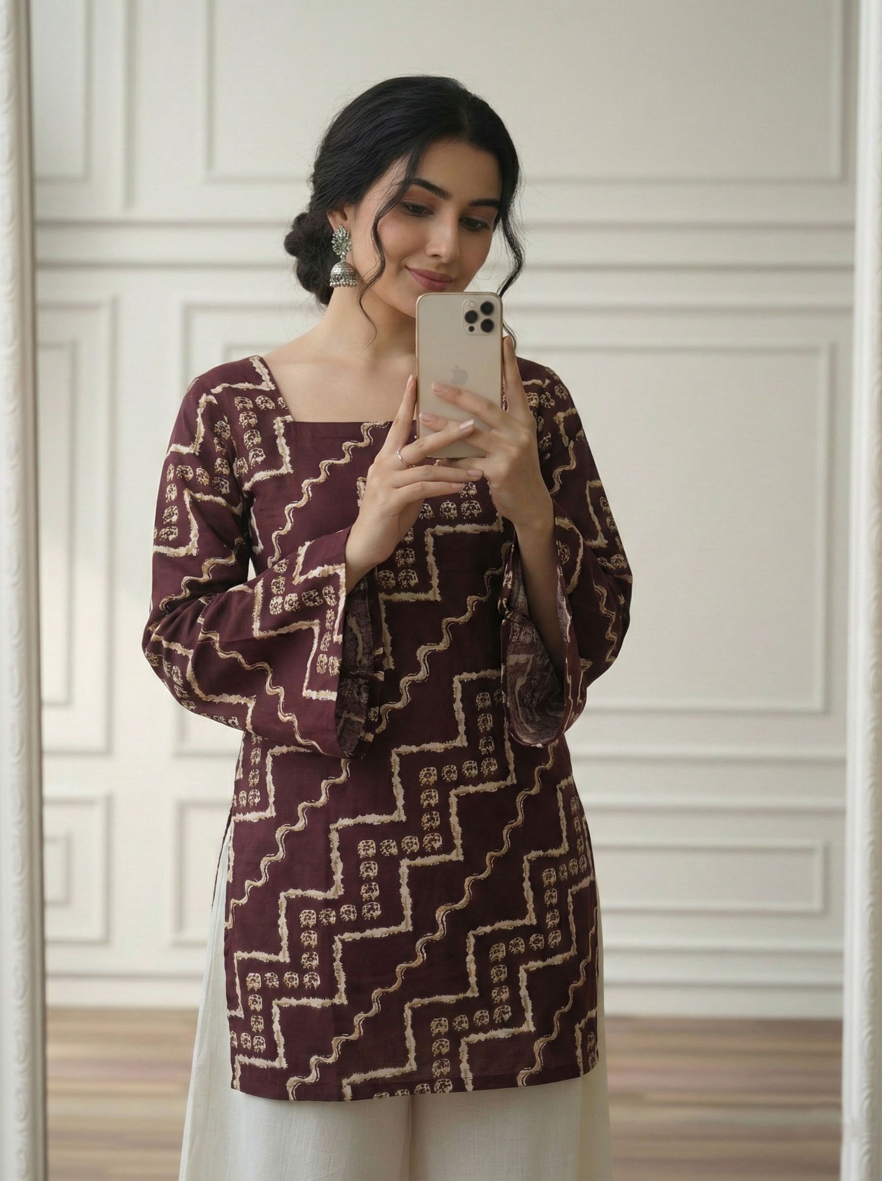 Party Bell Sleeves Geometric Print, Printed, Ethnic Motifs Women Maroon Top-image-5