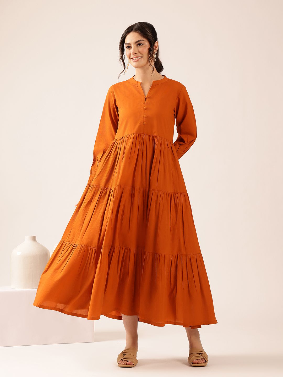 Women Fit and Flare Orange Ankle Length Dress-image-7