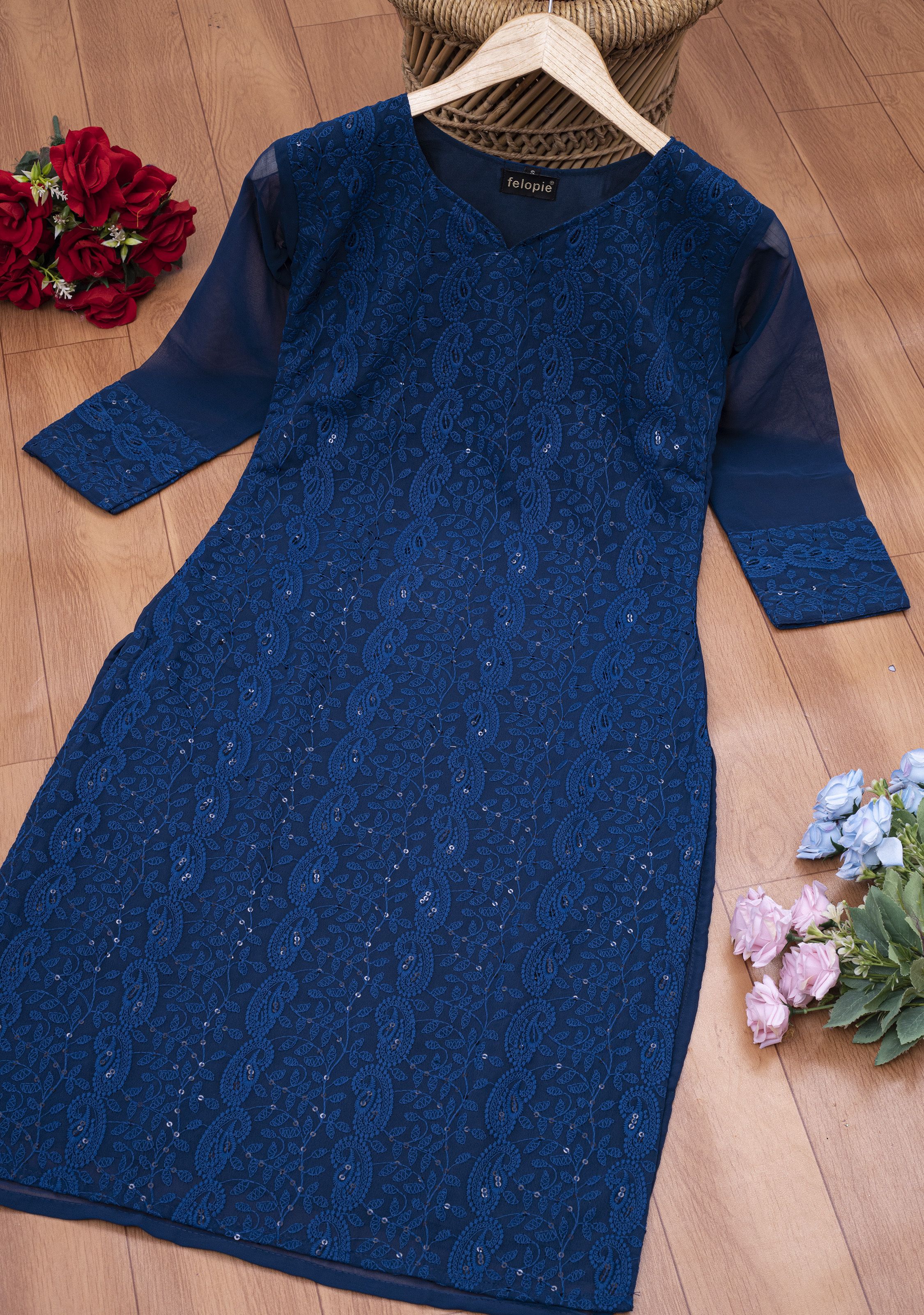felopie Women Chikan Embroidery Georgette Straight Kurta-picture-13