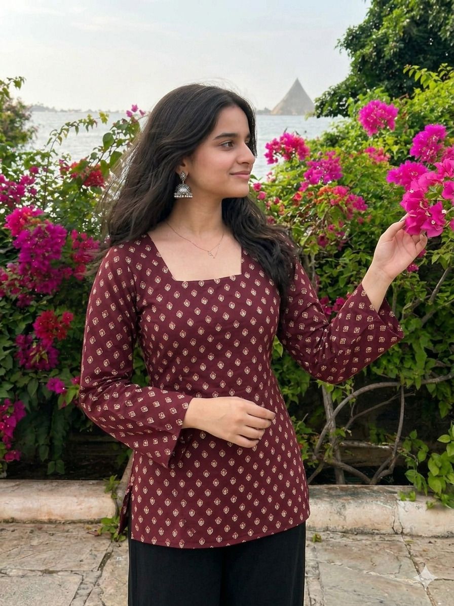 maroon Printed Pure Cotton Straight Kurta for Women-picture-23