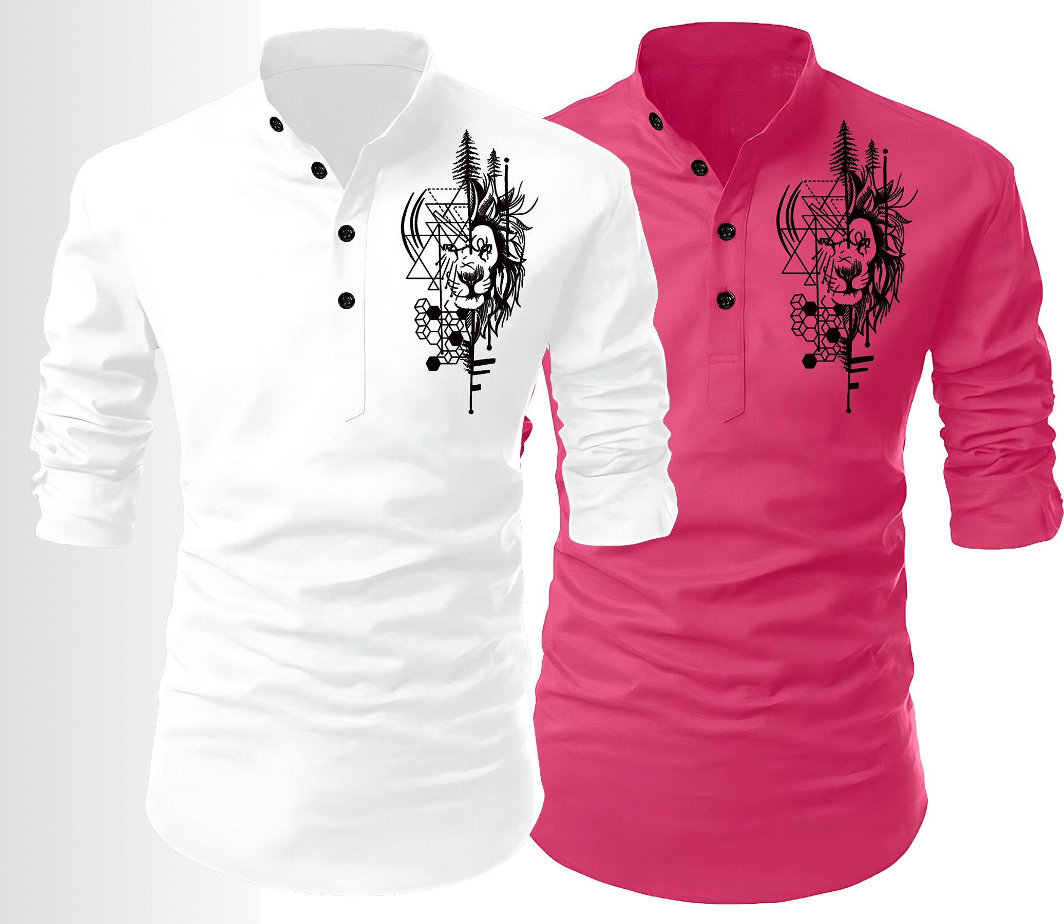 Pack of 2 Printed Cotton Blend Straight Kurta for Men-image-10