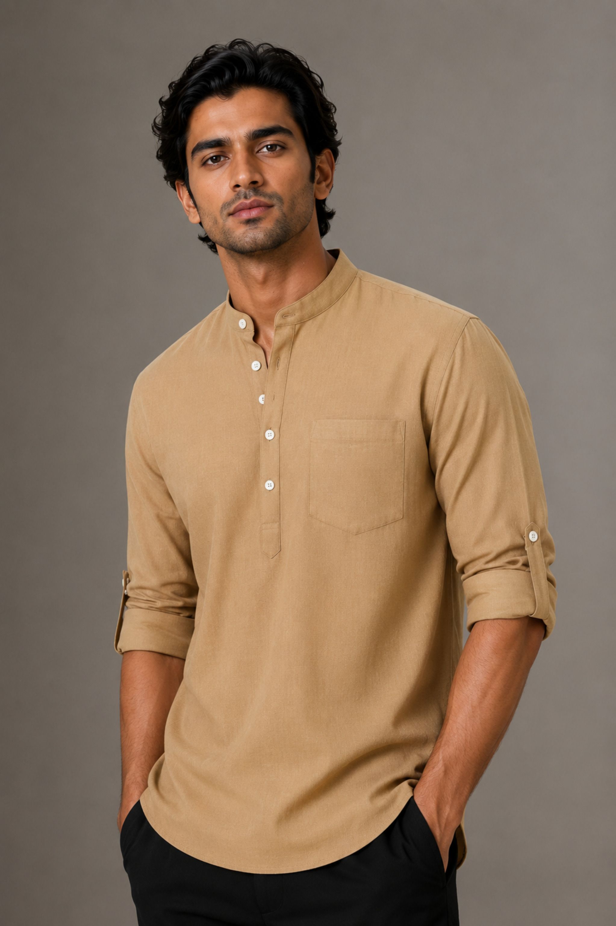 qashida Solid Cotton Linen Straight Kurta for Men-picture-43