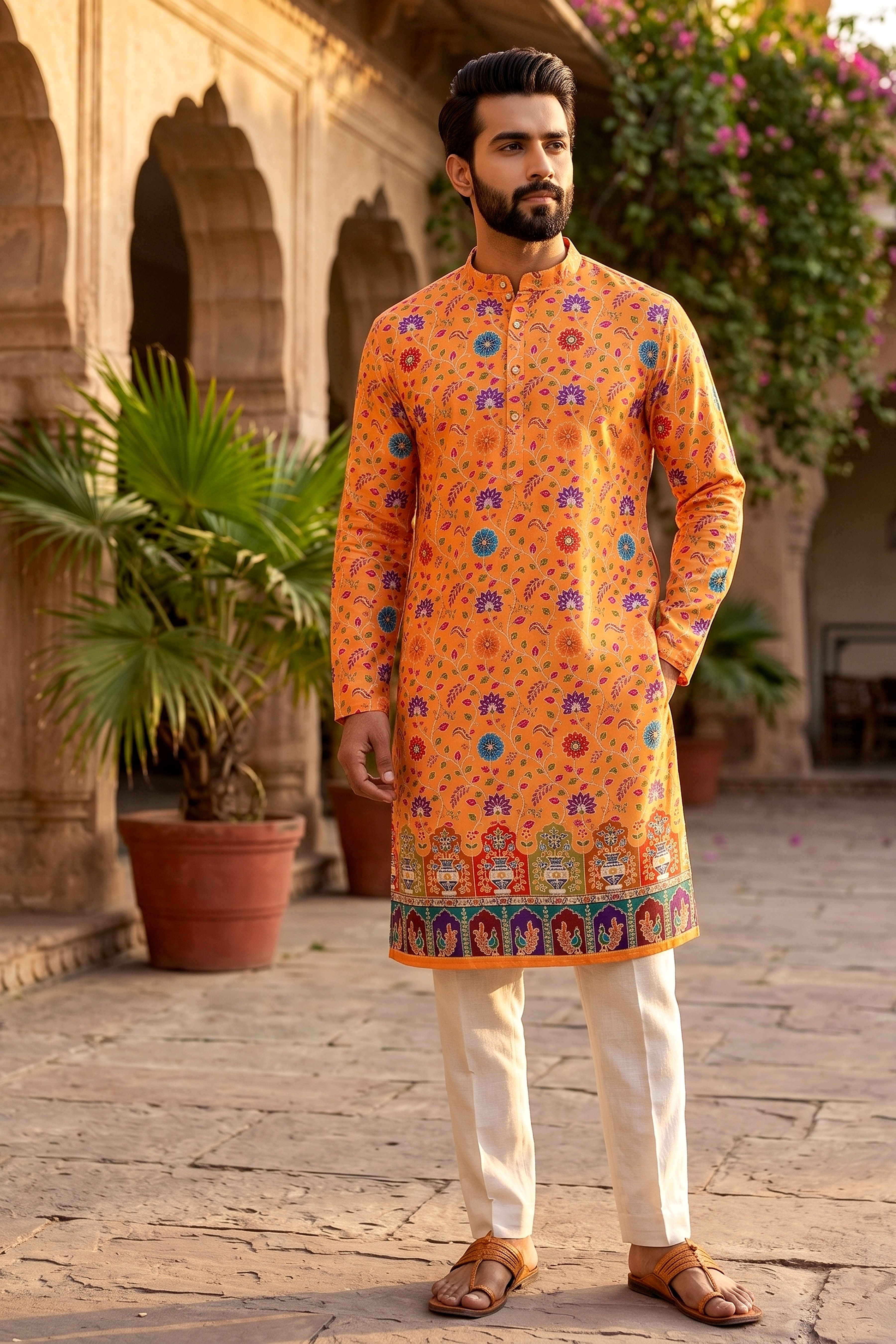 rudrgrnth Printed, Floral Print Cotton Blend Straight Kurta for Men-picture-41