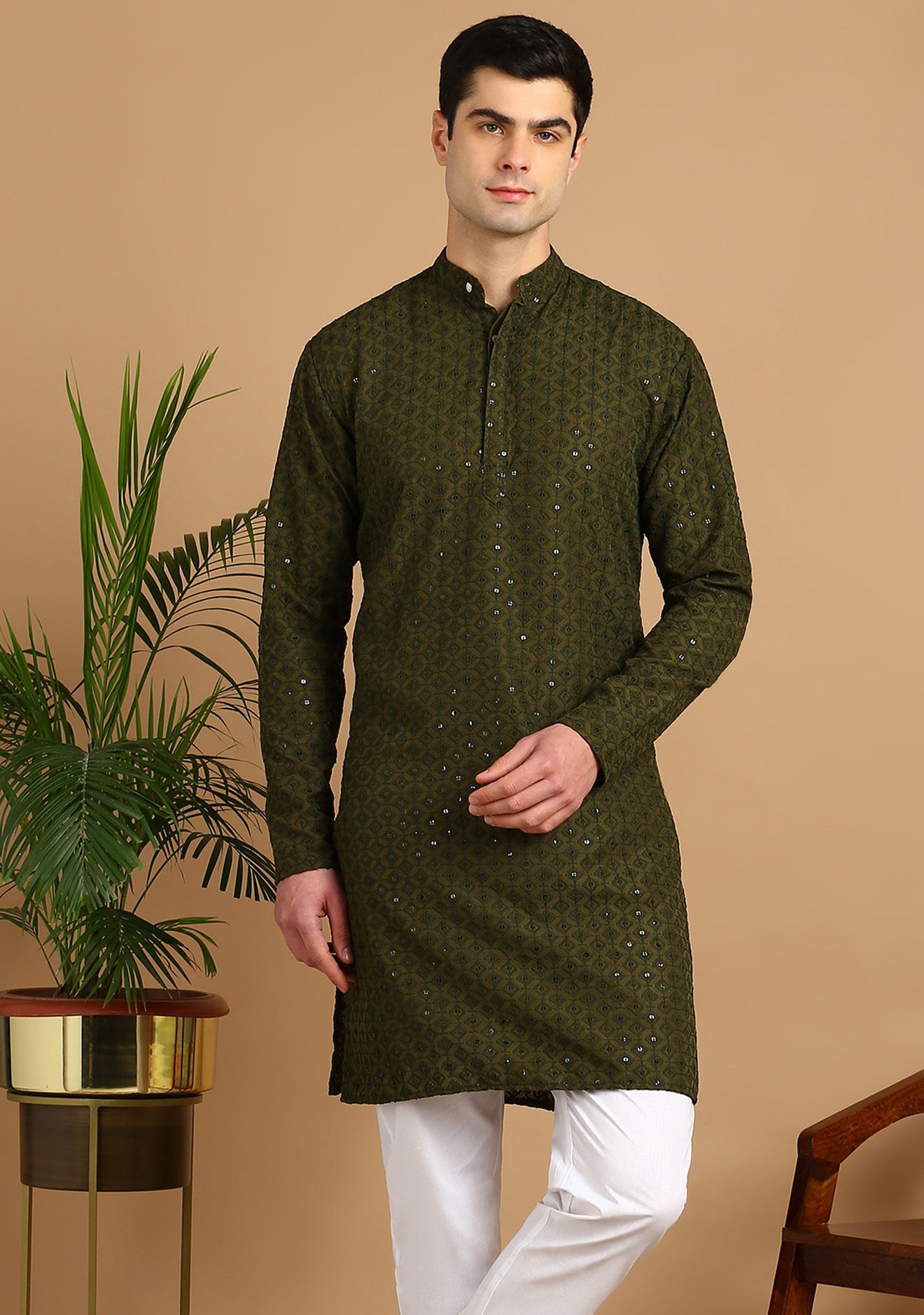 Men Chikan Embroidery Cotton Blend Straight Kurta