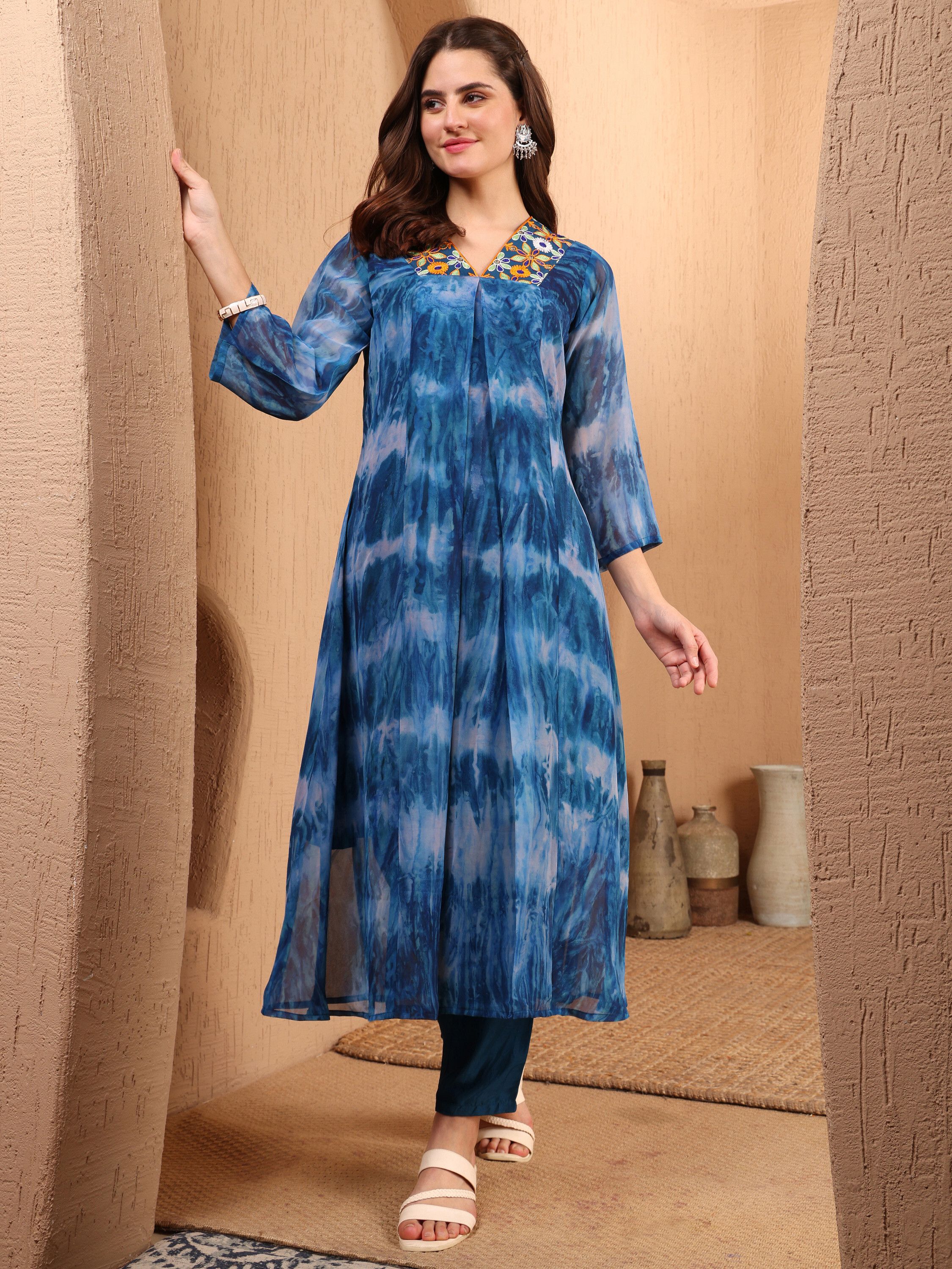 Women Embellished Georgette A-line Kurta-image-44
