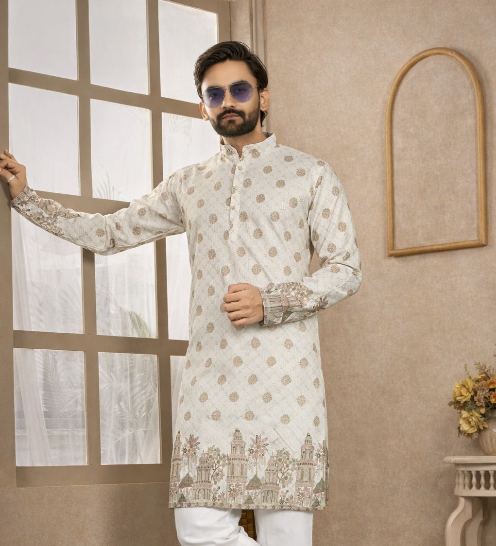 ellark Men Printed, Floral Print, Woven Design, Self Design Pure Cotton Straight Kurta-picture-25