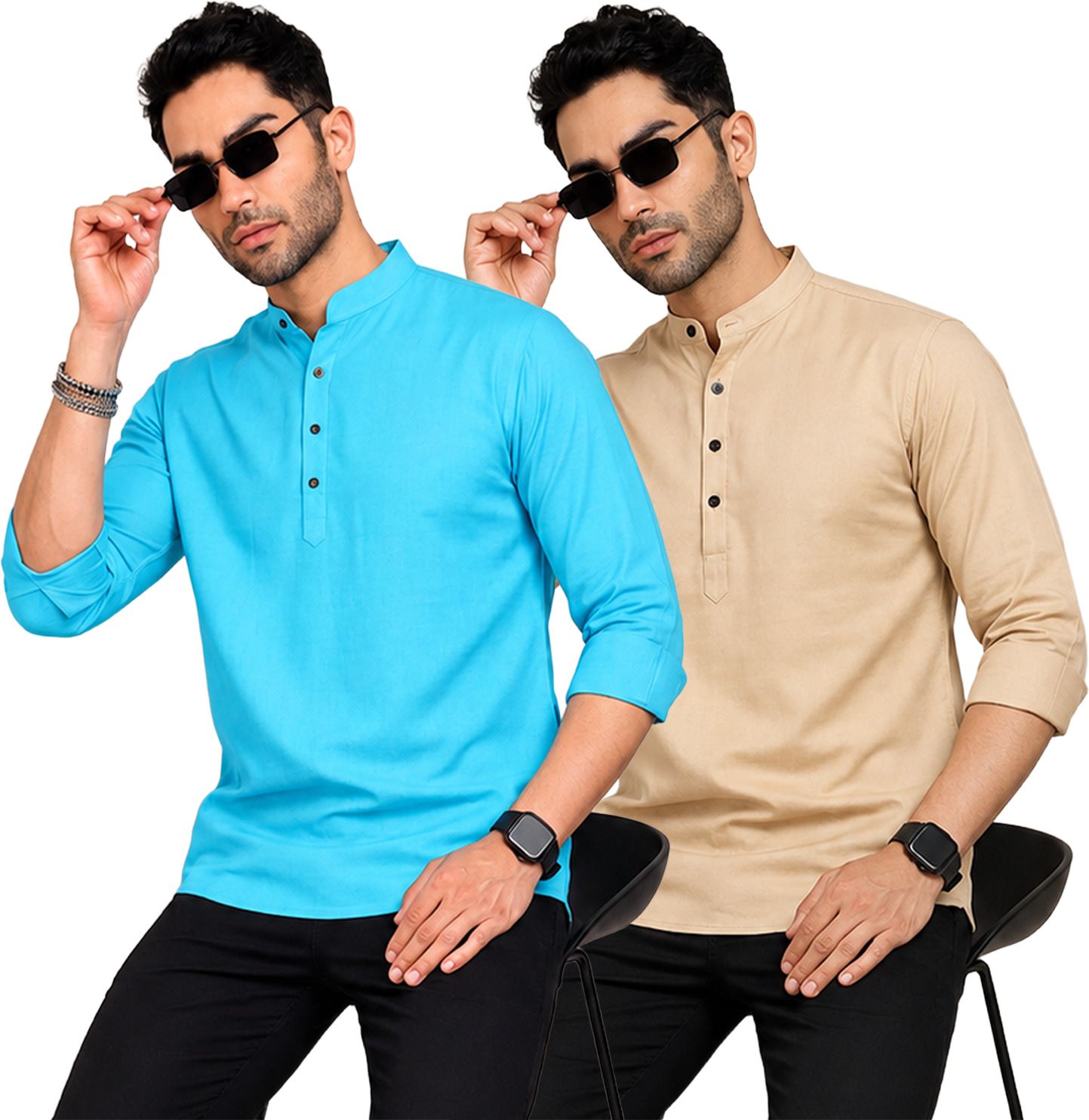 Pack of 2 Self Design Cotton Blend Straight Kurta for Men-image-5
