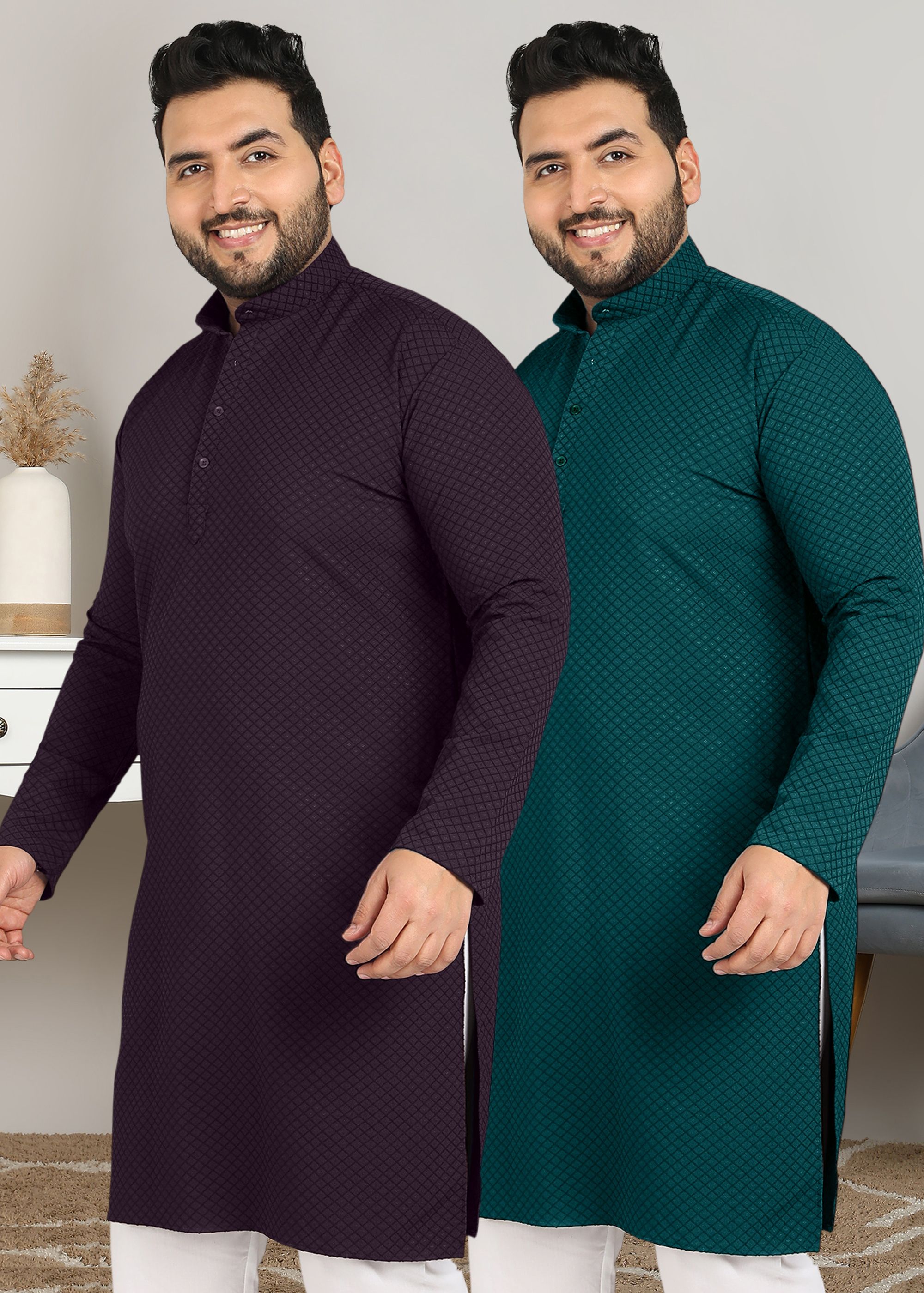 Pack of 2 Men Embroidered Pure Cotton Asymmetric Kurta-image-9