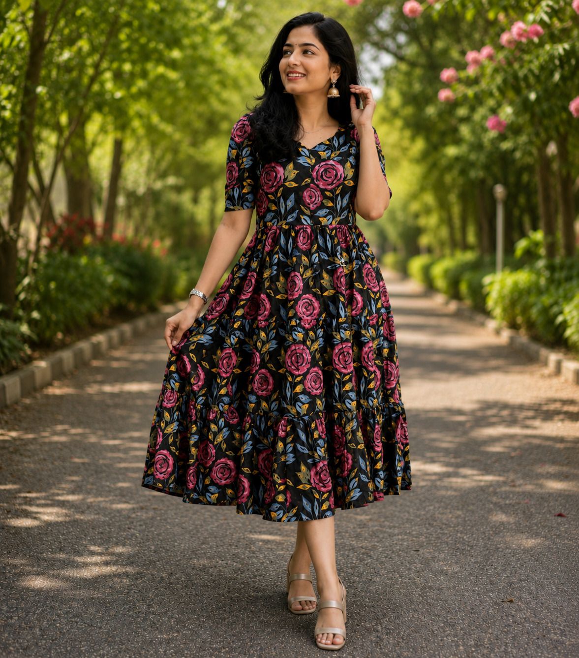 Floral Print Viscose Rayon Flared Kurta for Women-image-16
