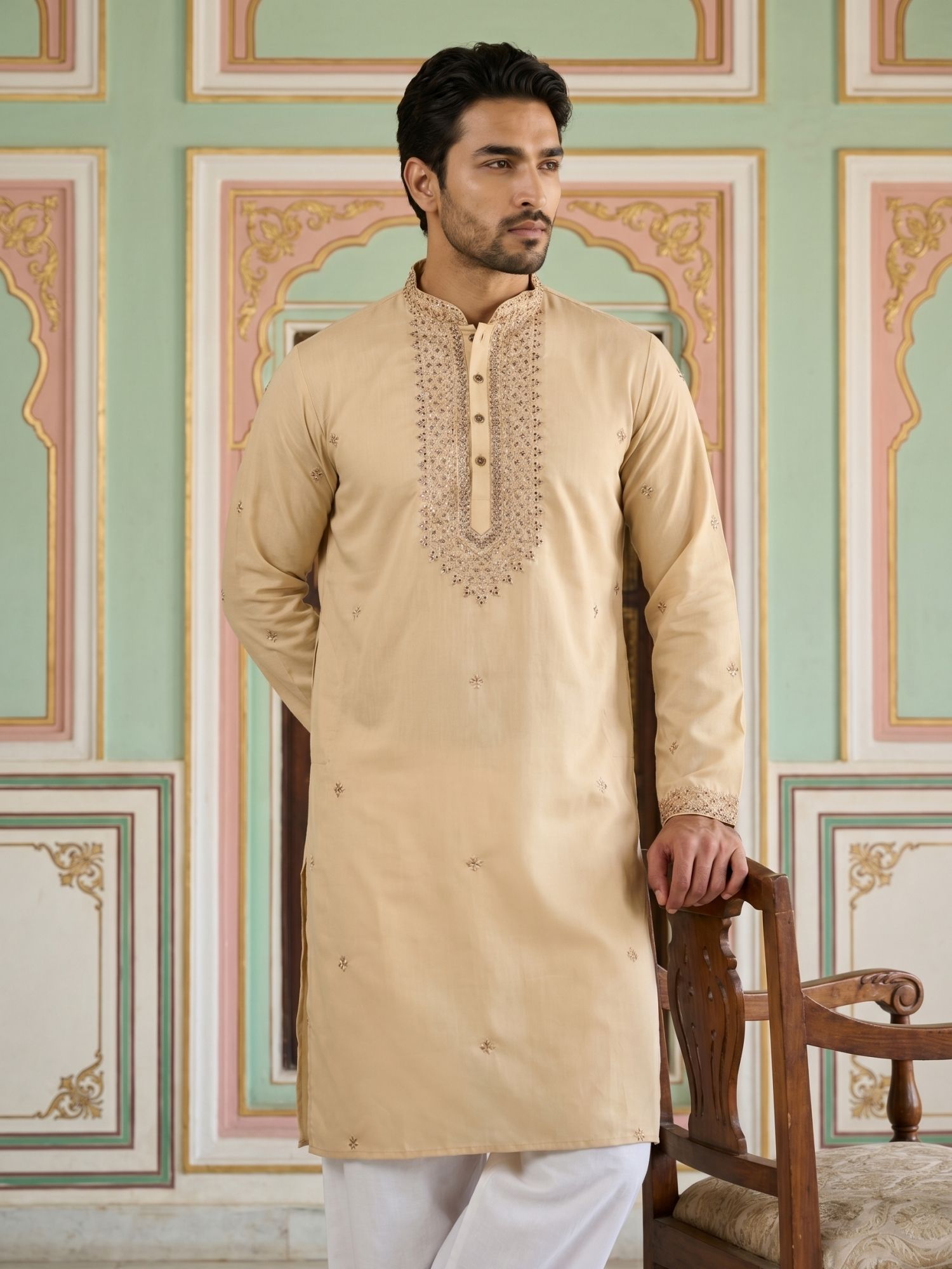jompers Embroidered Silk Blend Straight Kurta for Men-picture-22