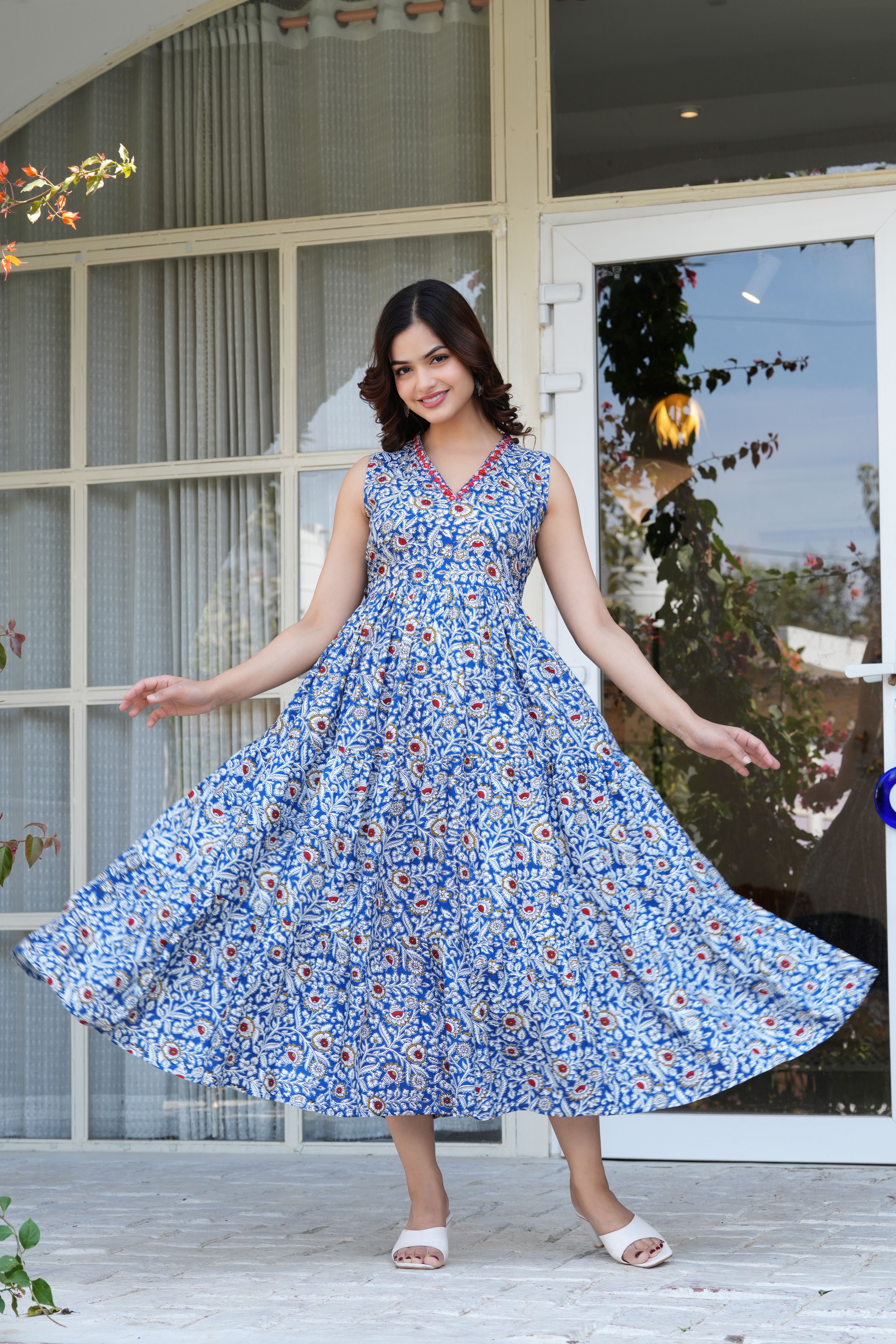 Women Fit and Flare Blue Ankle Length Dress-image-36