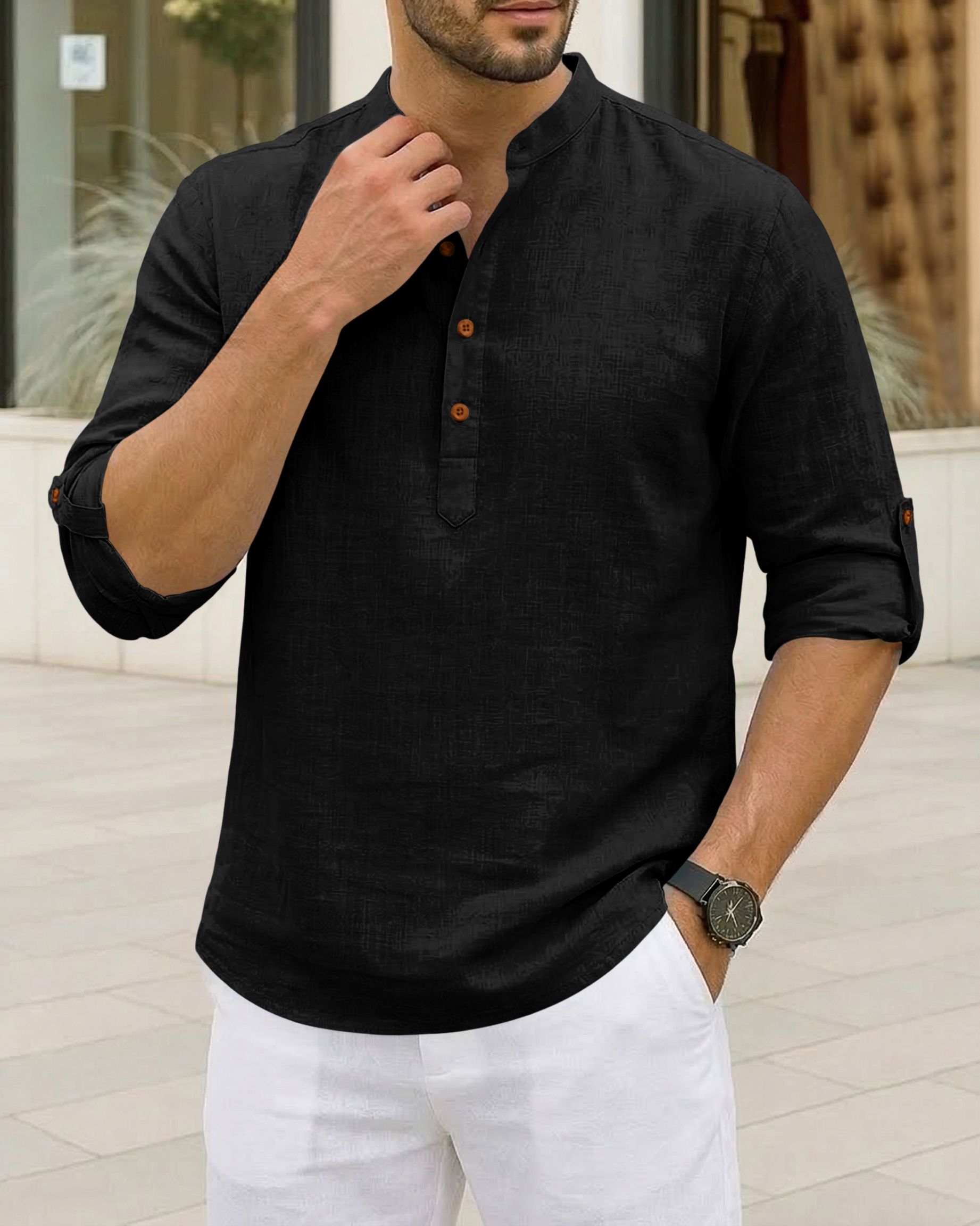 Solid Cotton Blend Straight Kurta for Men-image-6