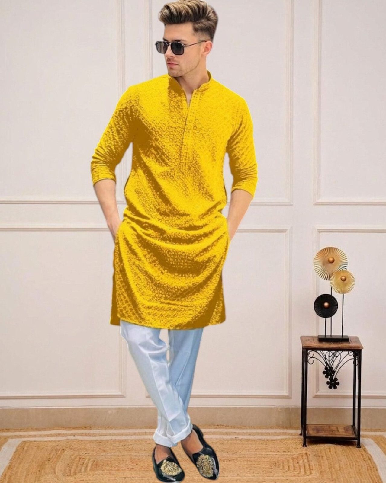 triguna Chikan Embroidery Viscose Rayon Straight Kurta for Men-picture-13