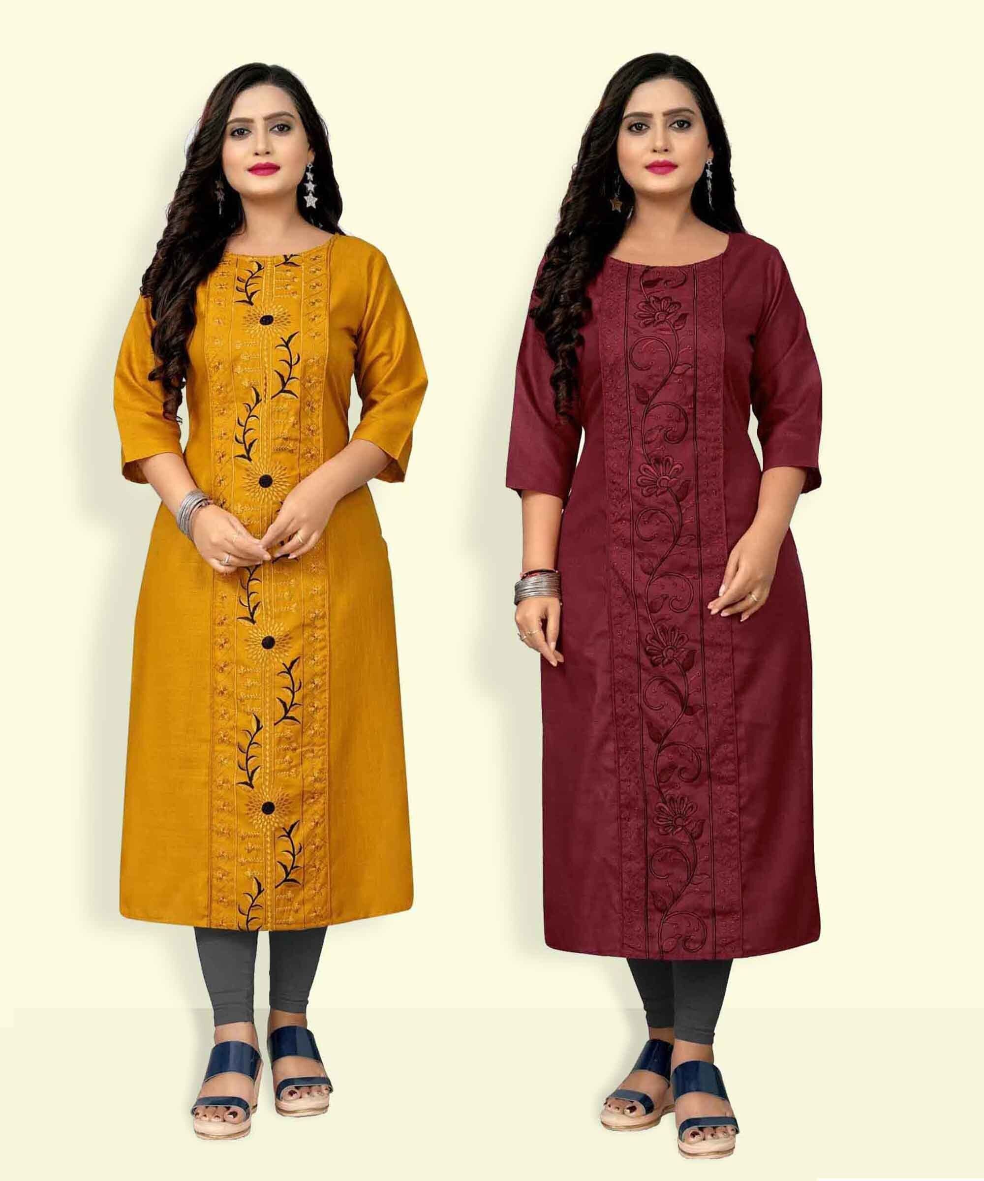 Pack of 2 Women Embroidered Cotton Blend Straight Kurta-image-48