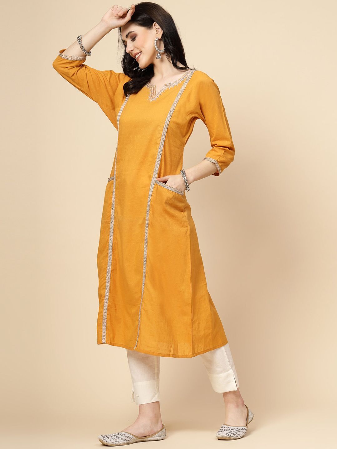 Self Design Cotton Blend A-line Kurta for Women-image-15