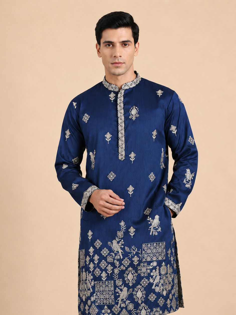 house of pataudi Floral Print Silk Blend Straight Kurta for Men-picture-11
