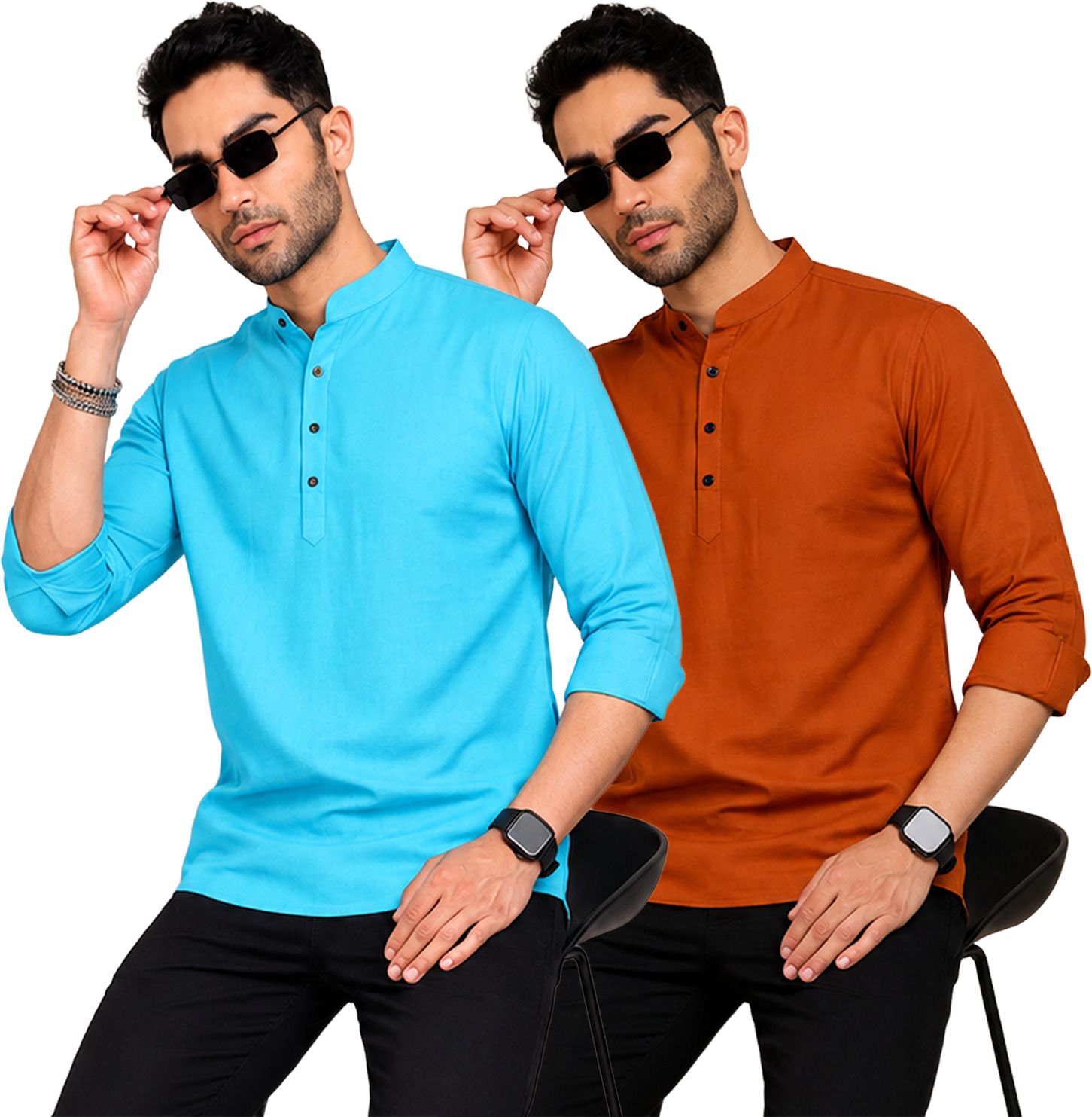 fashion marts Pack of 2 Self Design Cotton Blend Straight Kurta for Men-picture-19