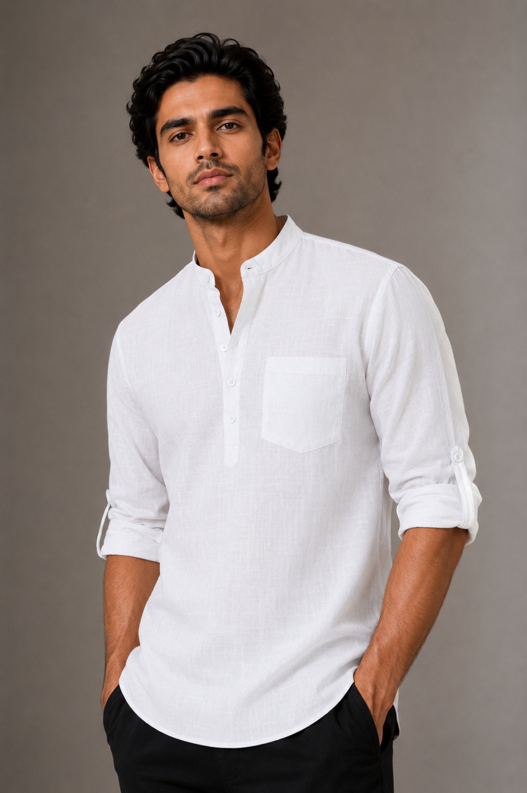 qashida Solid Cotton Linen Straight Kurta for Men-picture-12