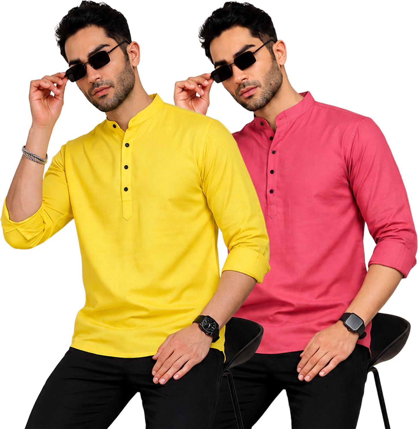 fashion marts Pack of 2 Self Design Cotton Blend Straight Kurta for Men-picture-18