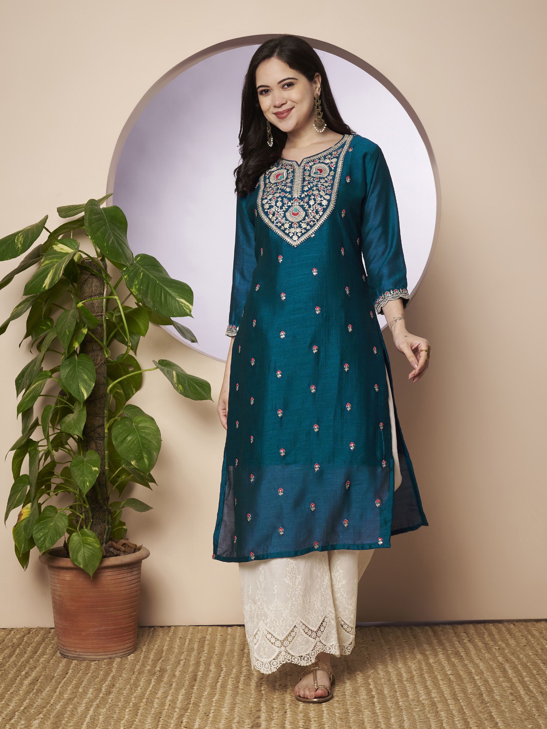 Embroidered Silk Blend Straight Kurta for Women-image-28