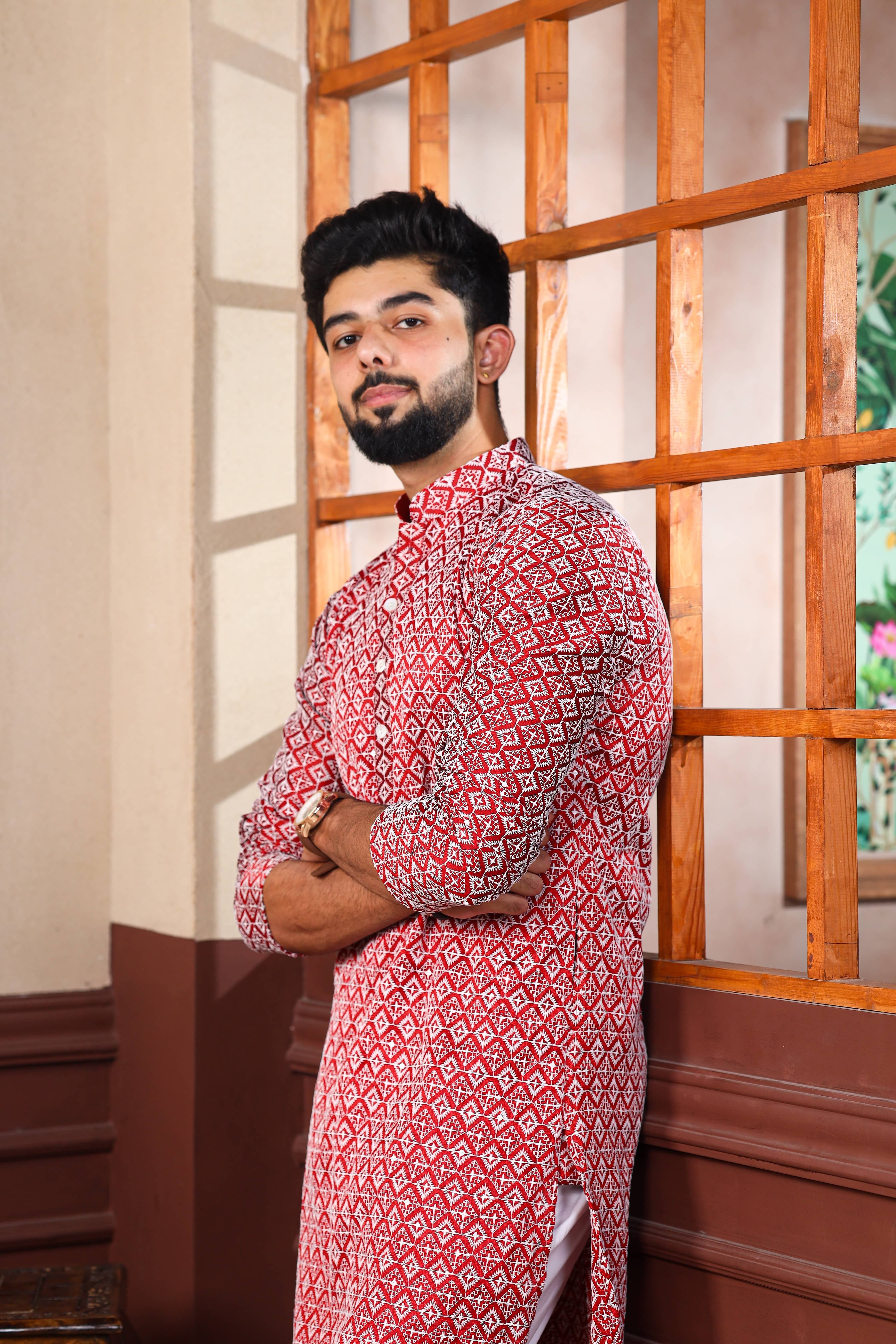 Men Embroidered Khadi Silk Straight Kurta