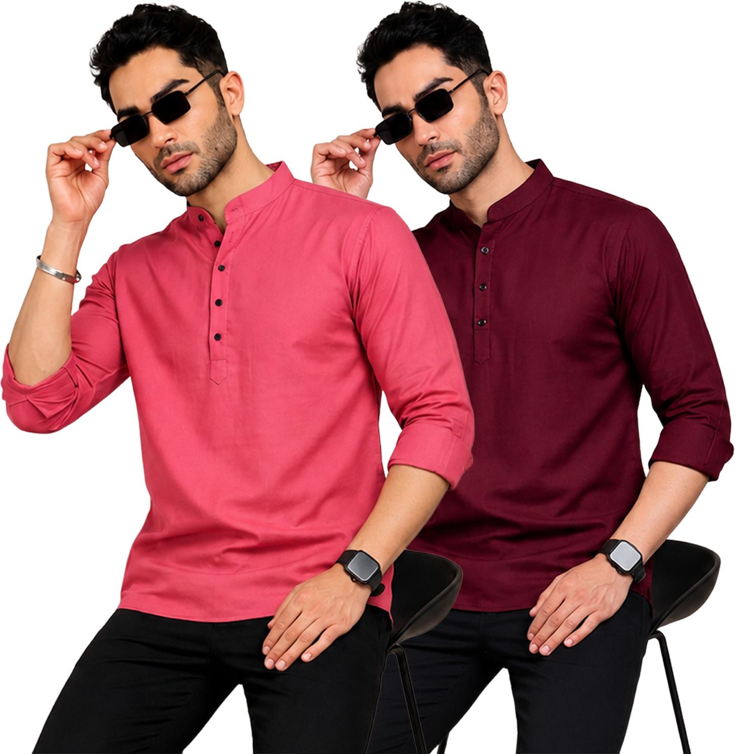 fashion marts Pack of 2 Self Design Cotton Blend Straight Kurta for Men-picture-35