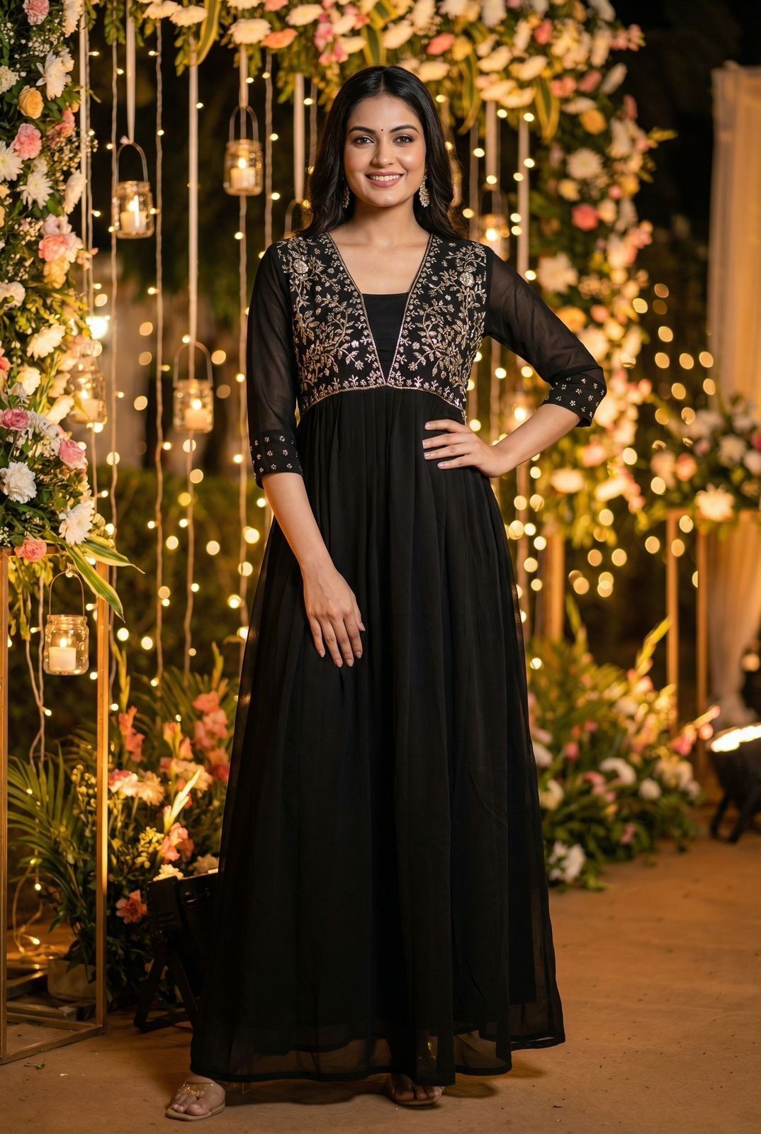 Embroidered, Embellished Georgette Anarkali Kurta for Women-image-49