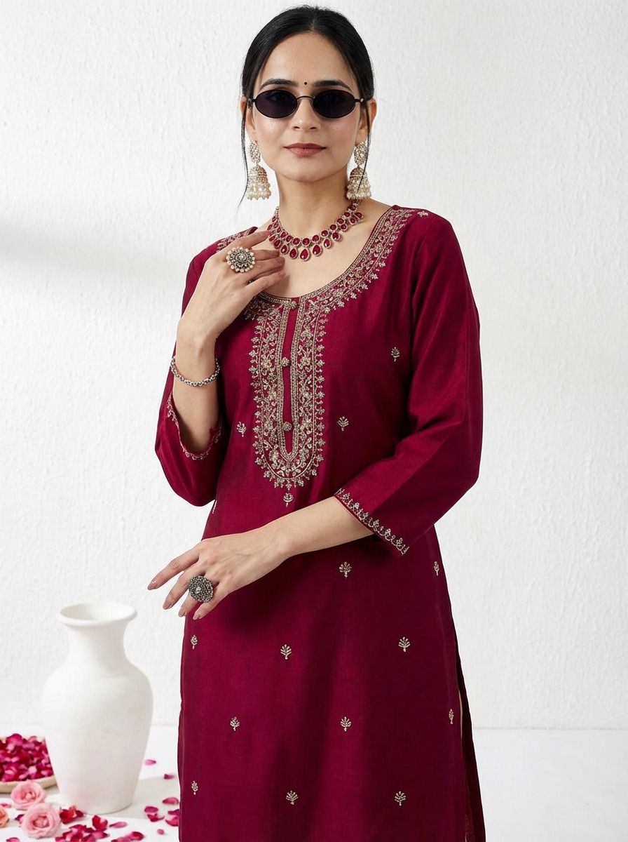 rare thread Embroidered Silk Blend Straight Kurta for Women-picture-18