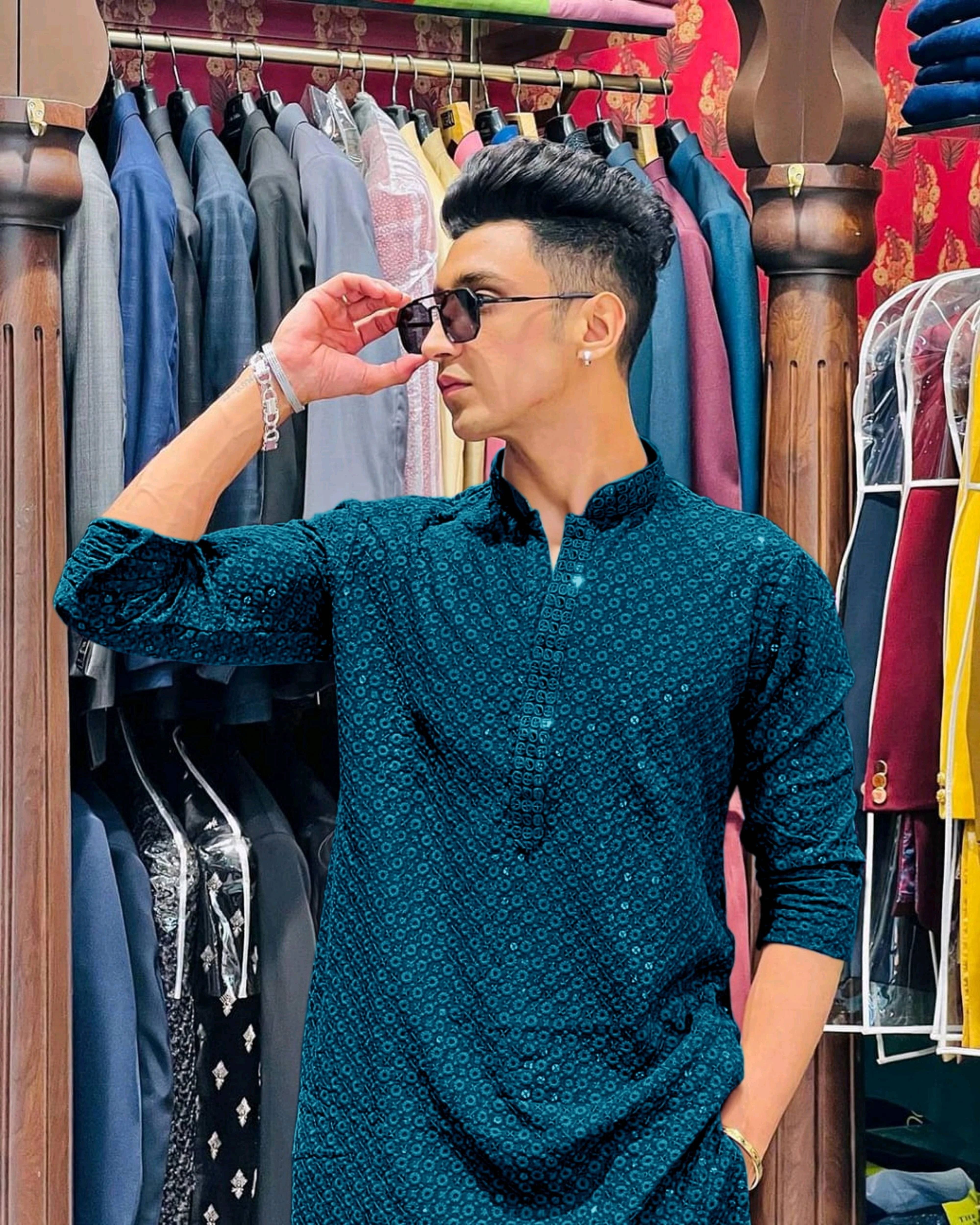 Men Chikan Embroidery Cotton Rayon Straight Kurta