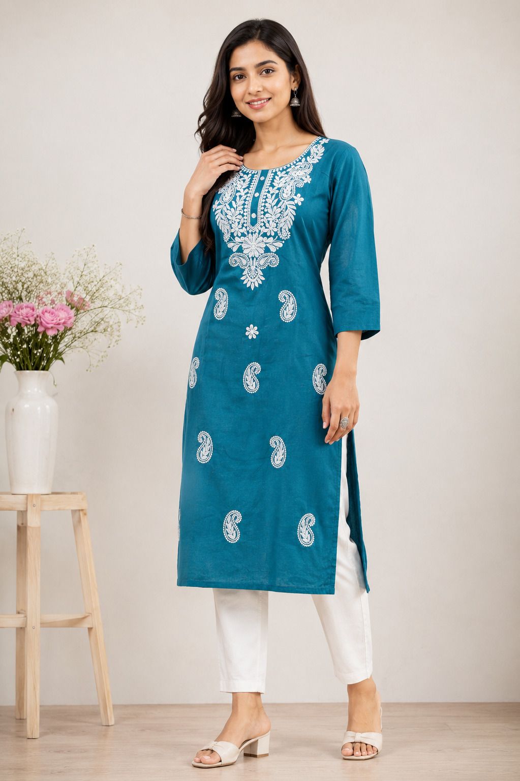 Embroidered Cotton Blend Straight Kurta for Women-image-7