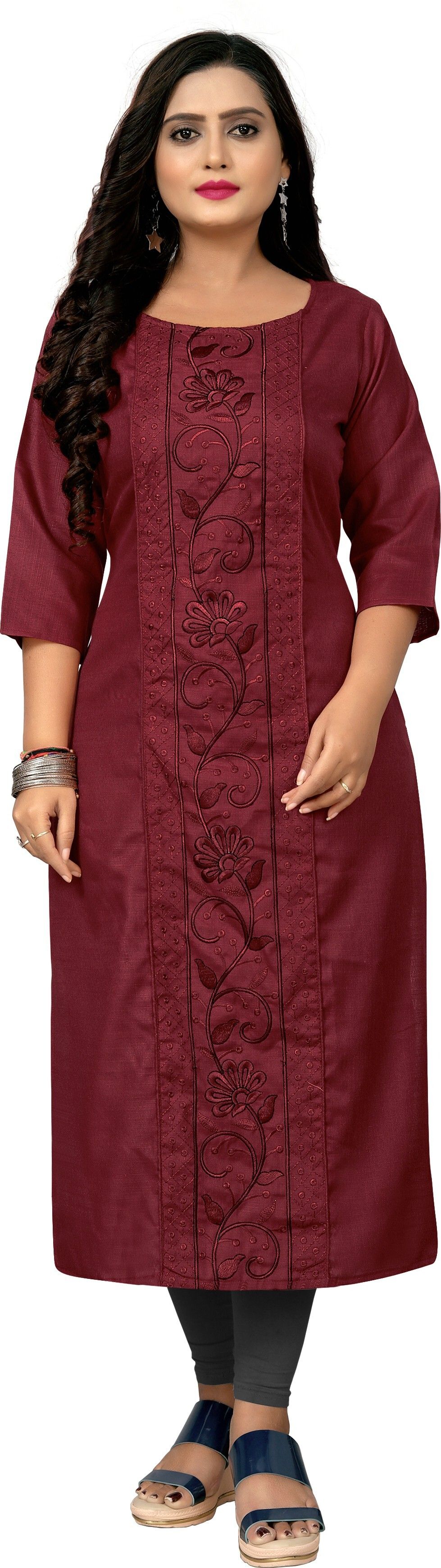 Embroidered Cotton Blend Straight Kurta for Women-image-2