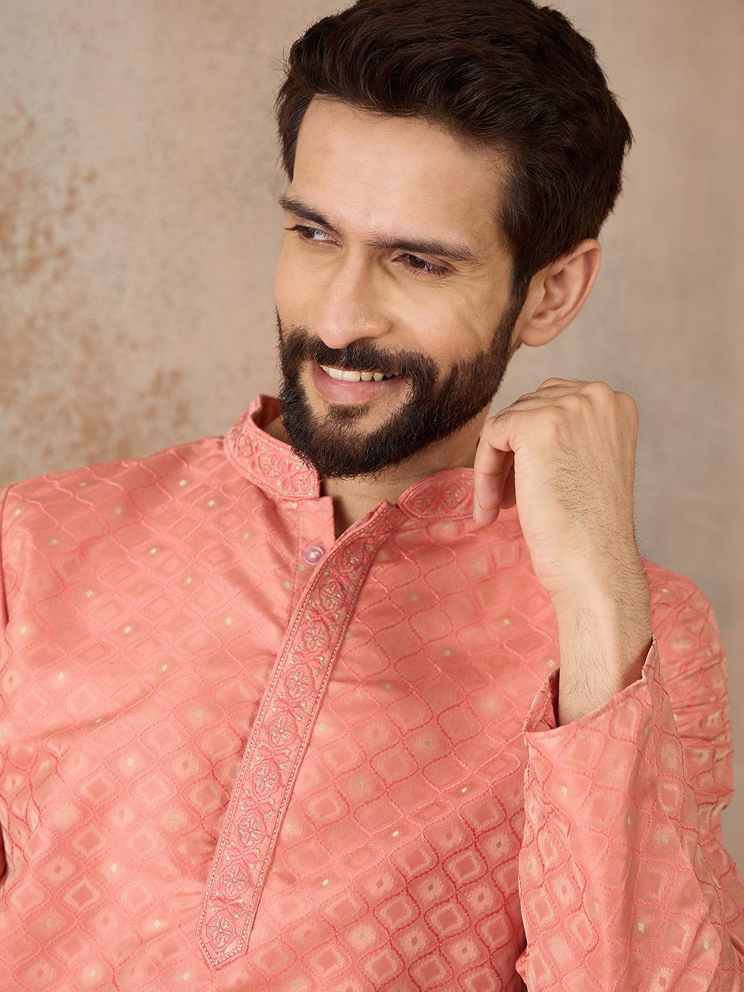 house of pataudi Men Jacquard Kurta Pant Set-picture-10