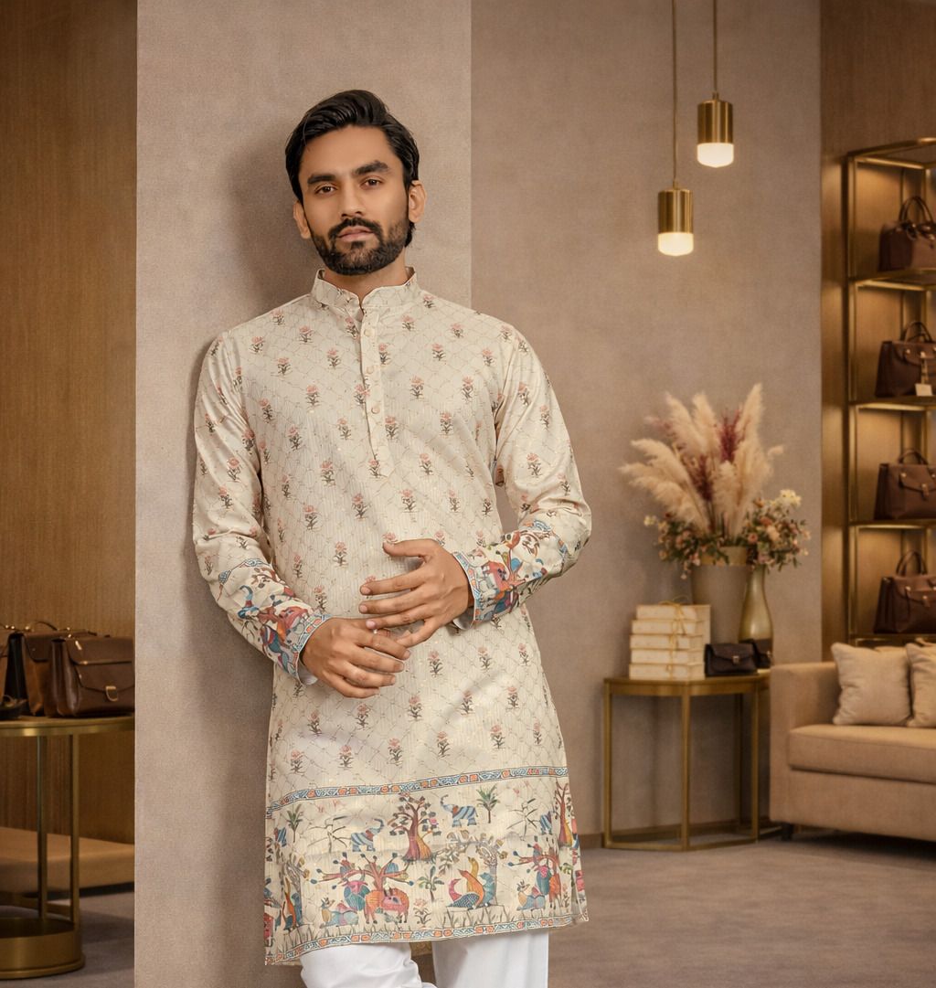 ellark Men Printed, Floral Print, Woven Design, Self Design Pure Cotton Straight Kurta-picture-11
