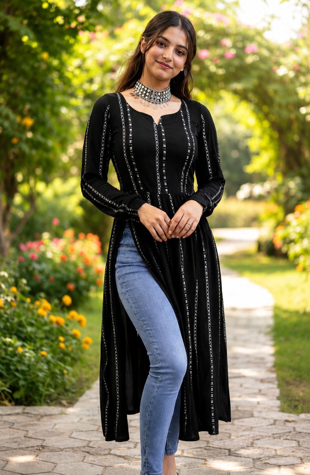 Striped Georgette Straight Kurta for Women-image-7