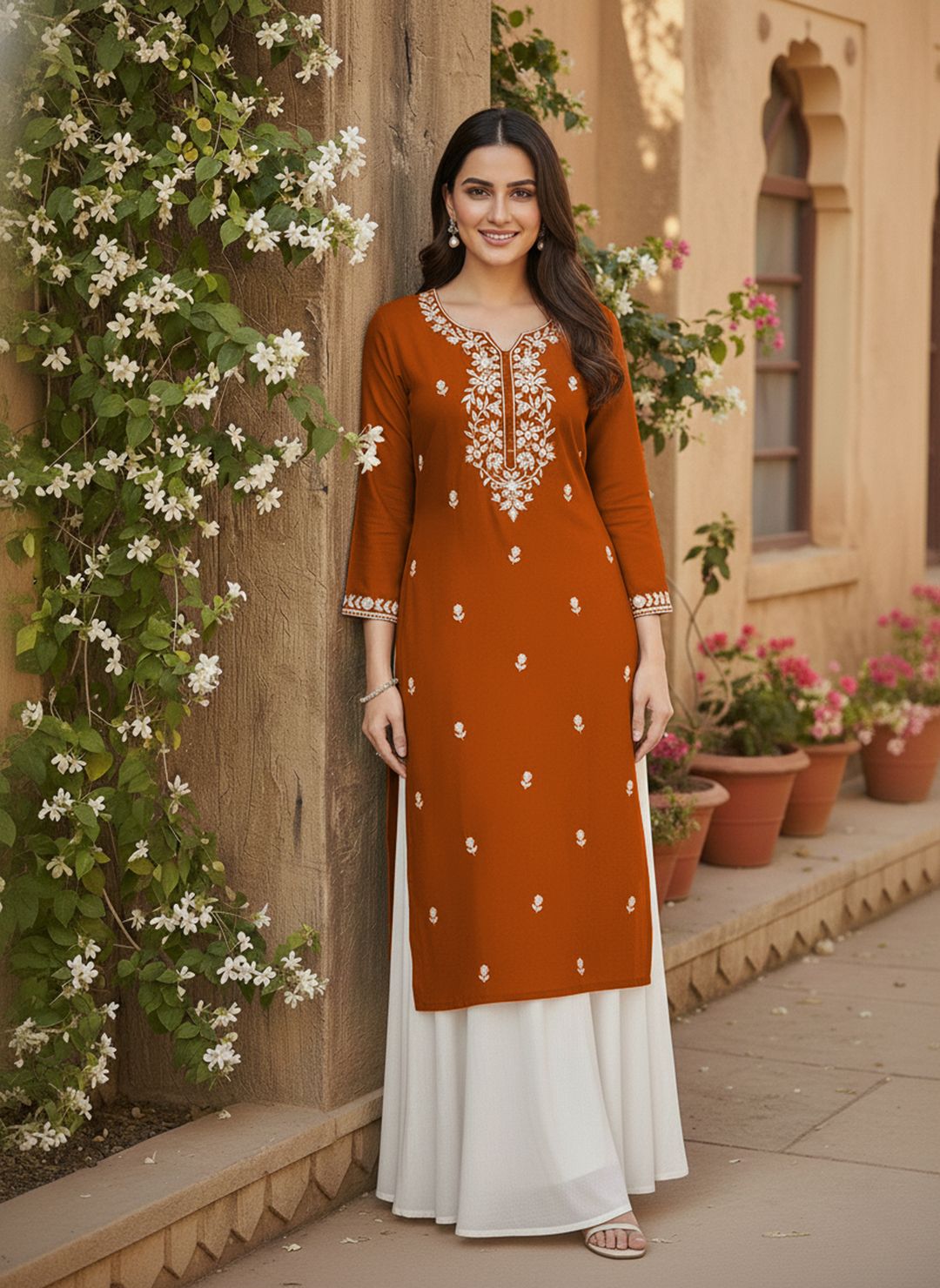 Embroidered Silk Blend Straight Kurta for Women-image-5