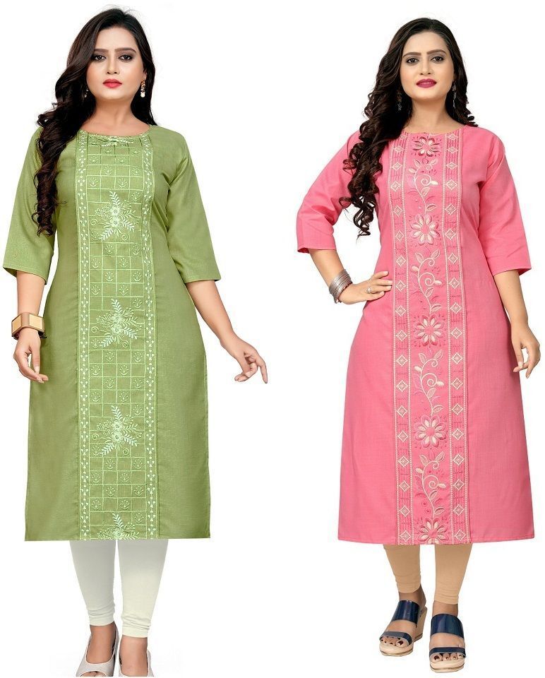Pack of 2 Embroidered Cotton Blend Straight Kurta for Women-image-5
