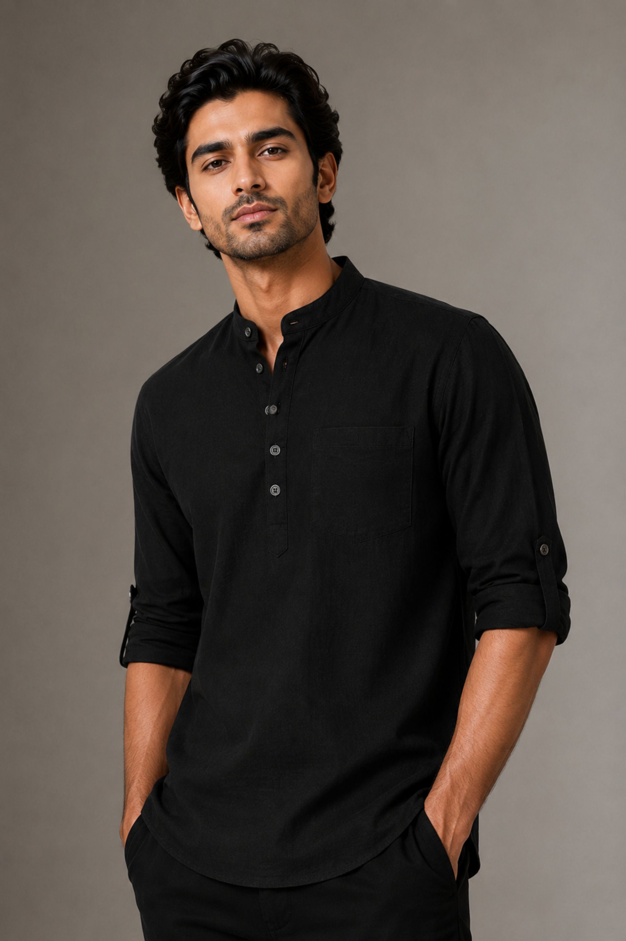 qashida Solid Cotton Linen Straight Kurta for Men-picture-30