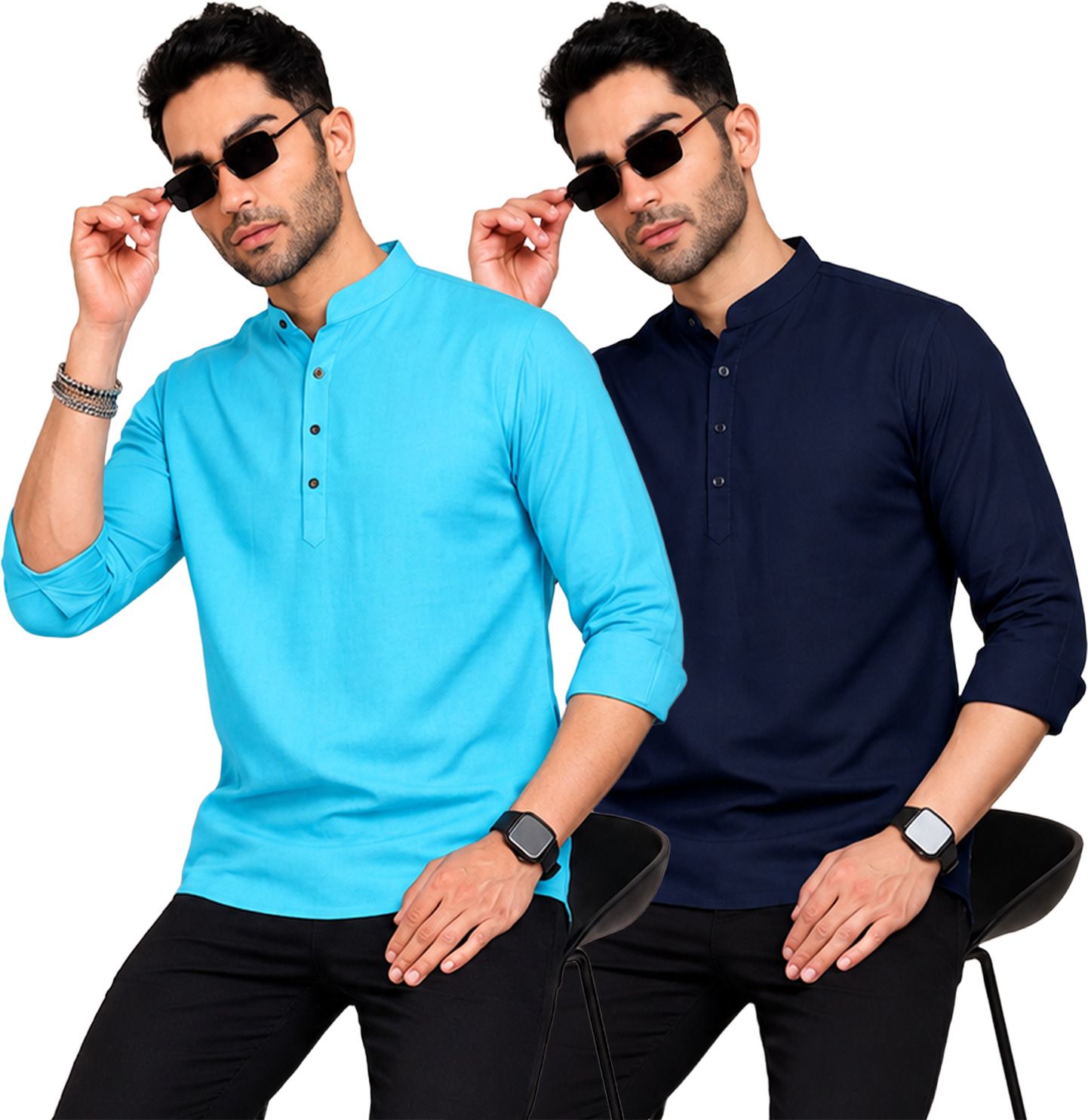 fashion marts Pack of 2 Self Design Cotton Blend Straight Kurta for Men-picture-13