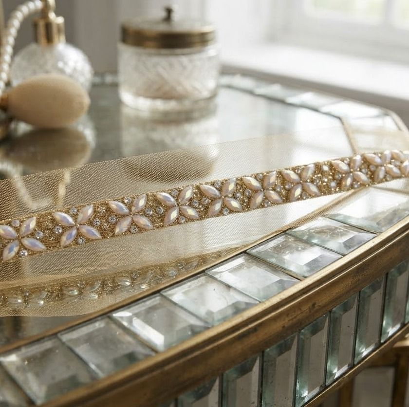 Gold Color Fancy Embroidery Lace 8.5 Metr Crystal Border Gold Color Fancy Embroidery Lace 8.5 Metr Crystal Border Lace Reel-image-22