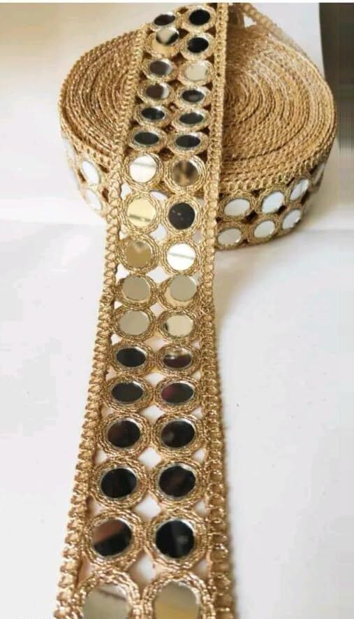 4.5 METER Round Mirror Gold Decorative Craft Lace for Tailoring, Dressmaking 2 line MIRROR Trim for Tailoring, Dress Designing, DIY Crafts & Decorations Lace Reel-image-11