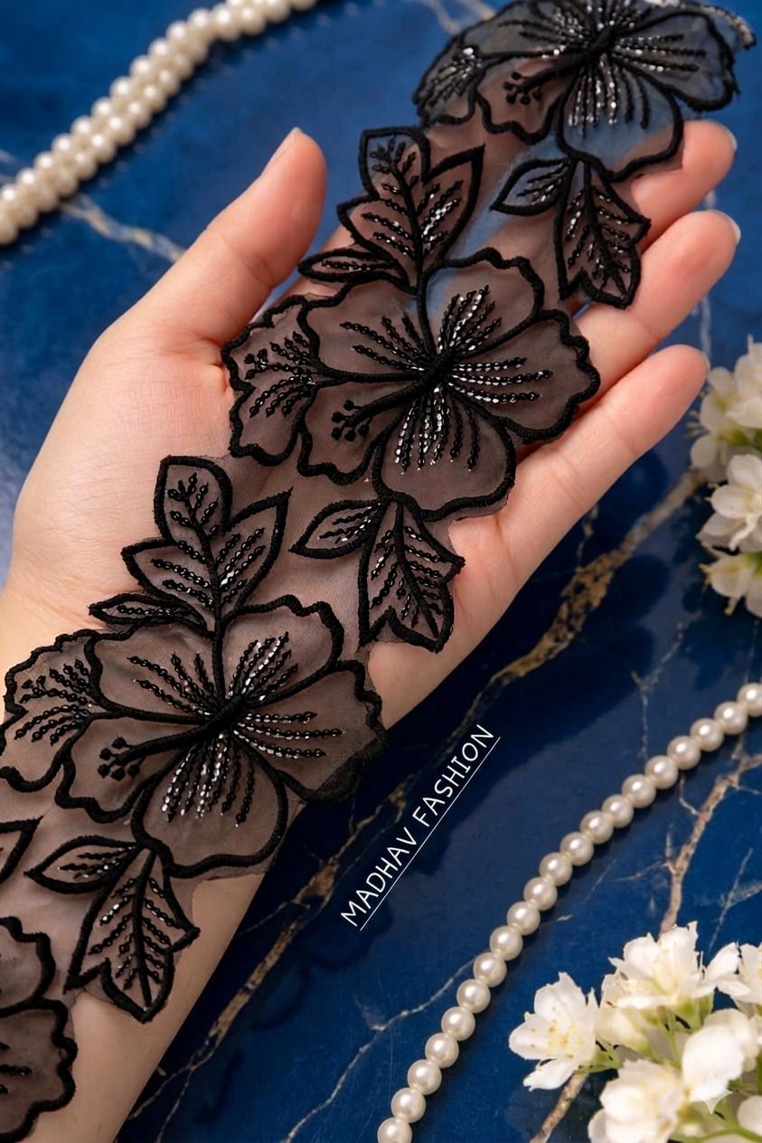 madhav fashion Designer Black Net Embroidered Lace Trim Roll for Sewing & Craft Work Floral Embroidery Lace Border Trim 3 Meter Designer Sewing Craft Fabric Lace Lace Reel-picture-10