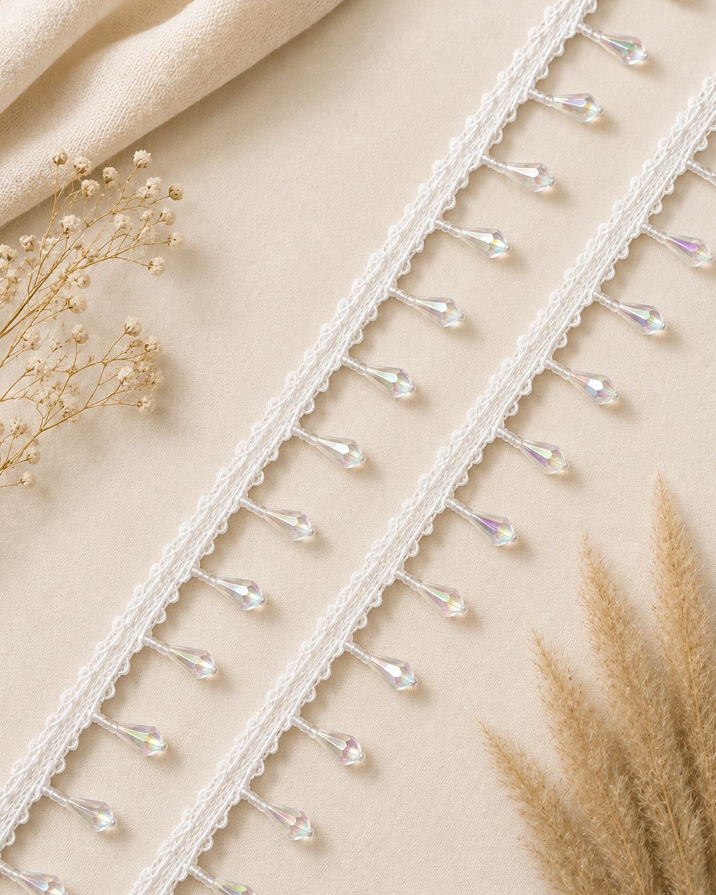 Crystal Beaded Lace, Pearl Lace Border for Curtain, Blouse, White Lace. White Latkan Lace for sarees, lehengas, gowns, dupattas,(4/Mtr) Lace Reel-image-7