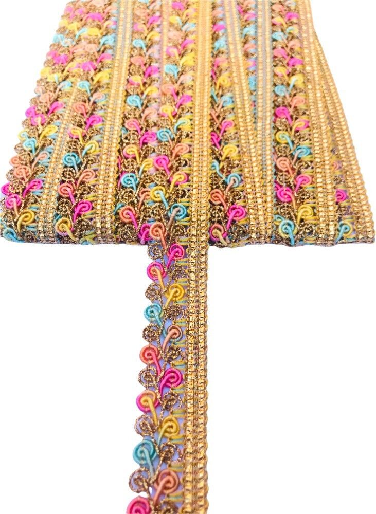 LACE-08 Beautiful Light Multicolor & Golden Shiny Zari Lace (Length-9mts Width-2cm) Lace Reel-image-44
